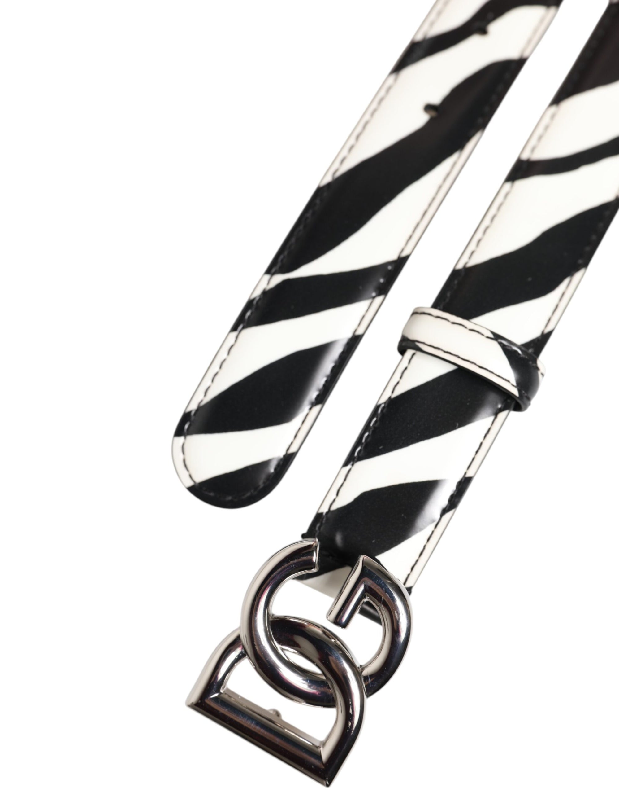 Dolce & Gabbana Black White Leather Silver Metal Buckle Belt