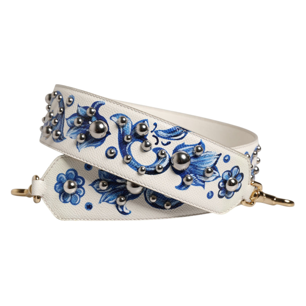 Dolce & Gabbana White Blue Floral Leather Stud Accessory Shoulder Strap