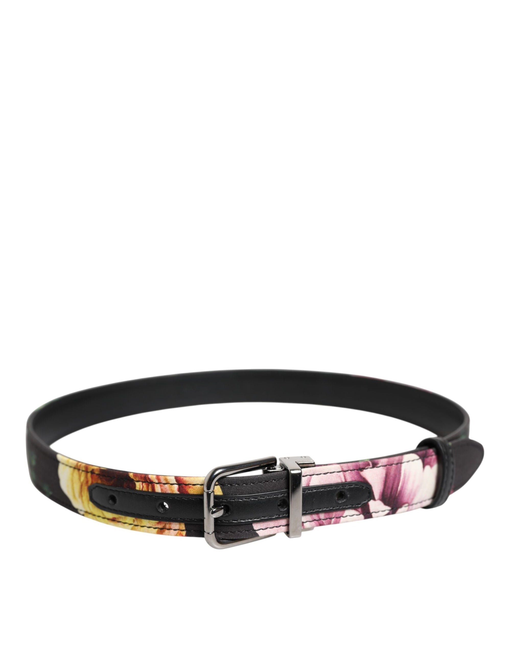 Dolce & Gabbana Black Floral Brocade Silver Metal Buckle Belt
