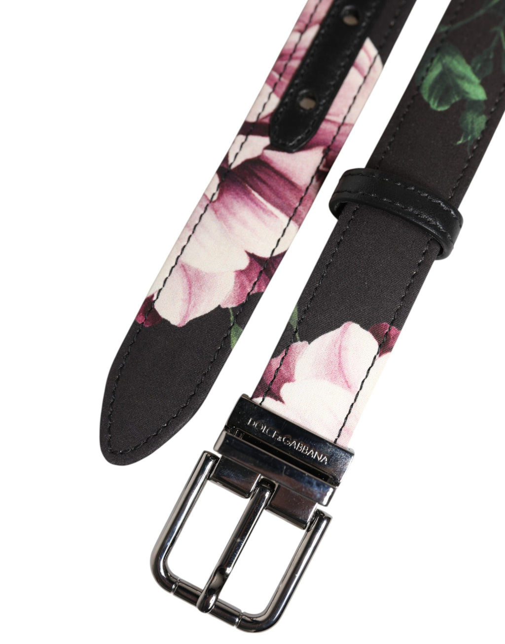 Dolce & Gabbana Black Floral Brocade Silver Metal Buckle Belt