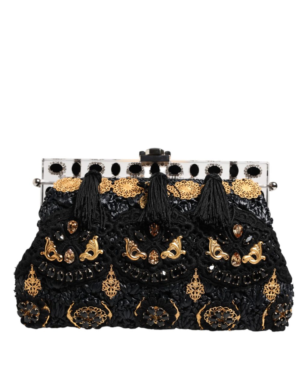 Dolce & Gabbana Black Tassel Gold Baroque Crystal Evening Clutch Bag