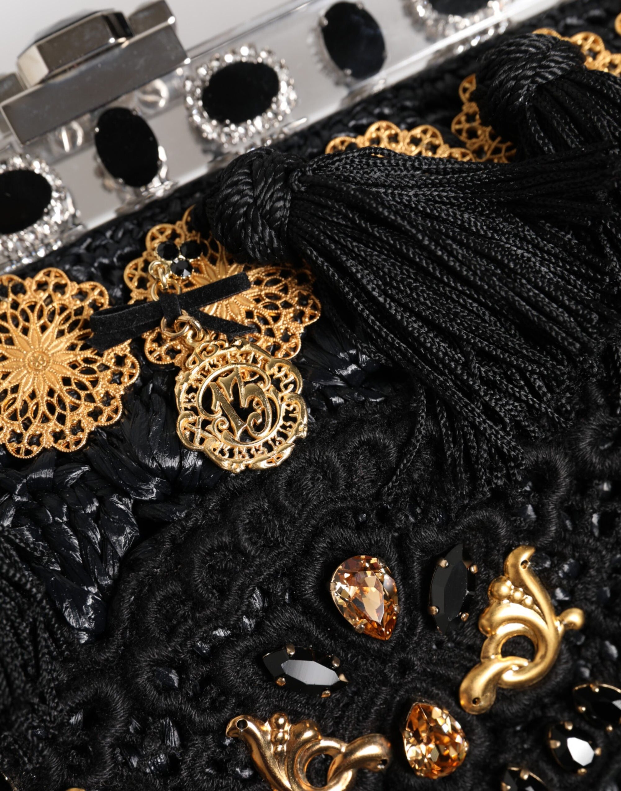 Dolce & Gabbana Black Tassel Gold Baroque Crystal Evening Clutch Bag
