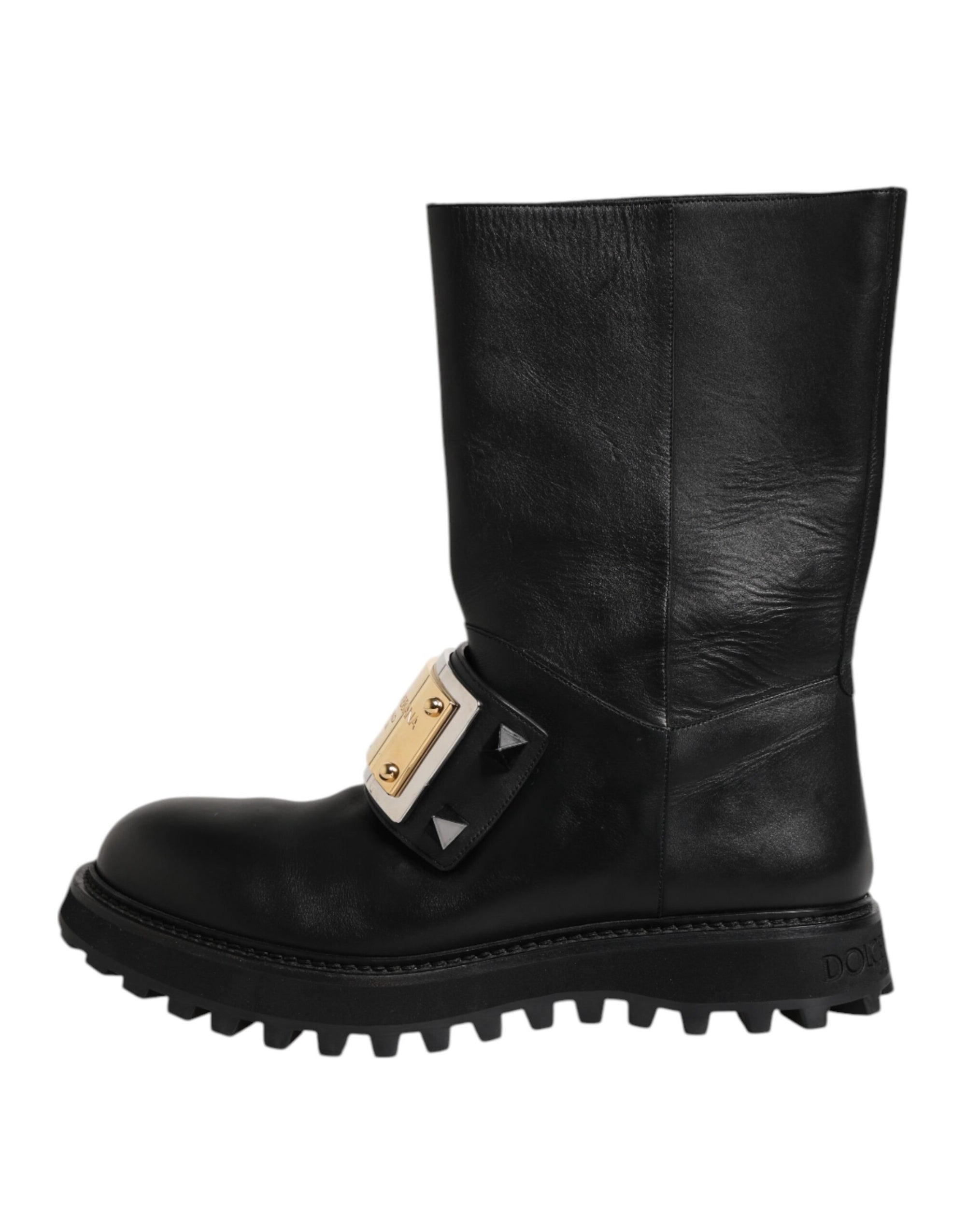 Dolce & Gabbana Black Leather DG Logo Plaque High Boots Shoes