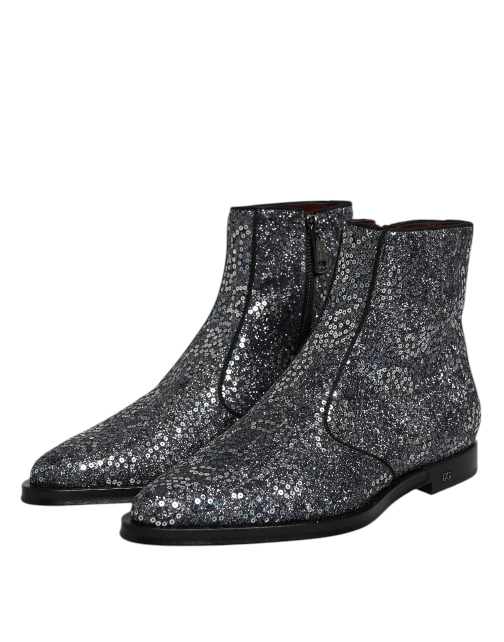 Dolce & Gabbana Dark Gray Cotton Sequined Chelsea Boots Shoes