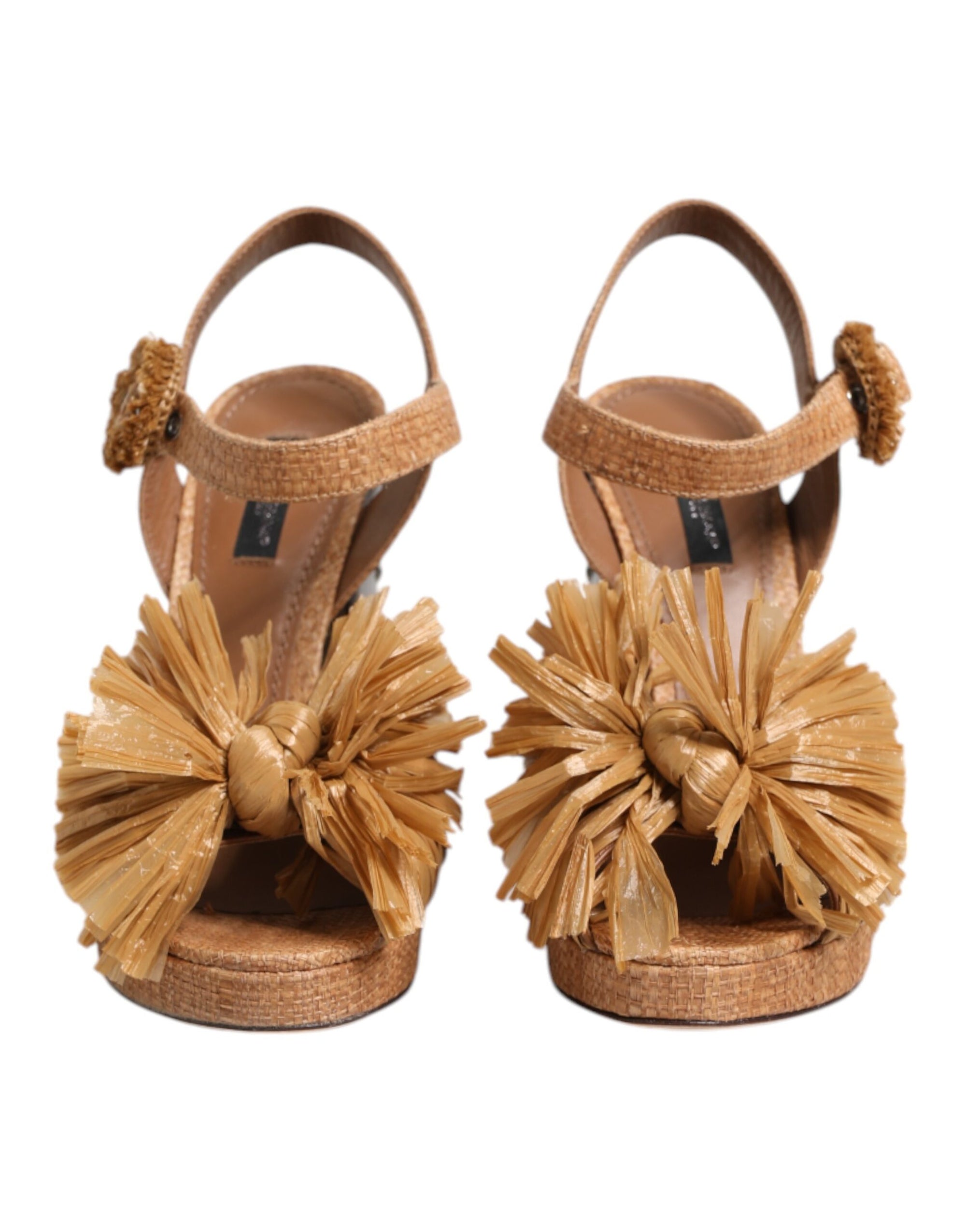 Dolce & Gabbana Brown Raffia Ankle Strap Crystal Sandals Shoes