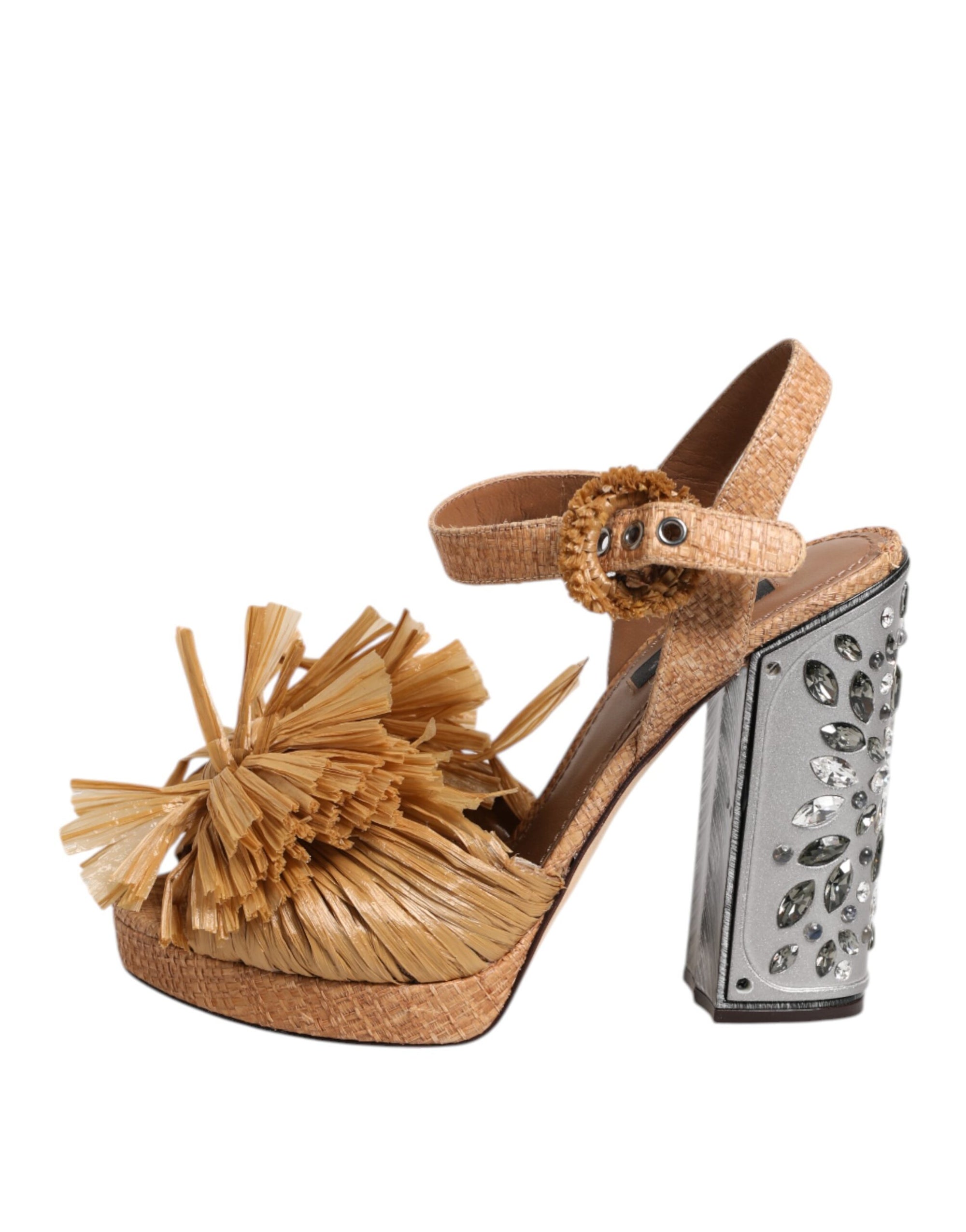 Dolce & Gabbana Brown Raffia Ankle Strap Crystal Sandals Shoes