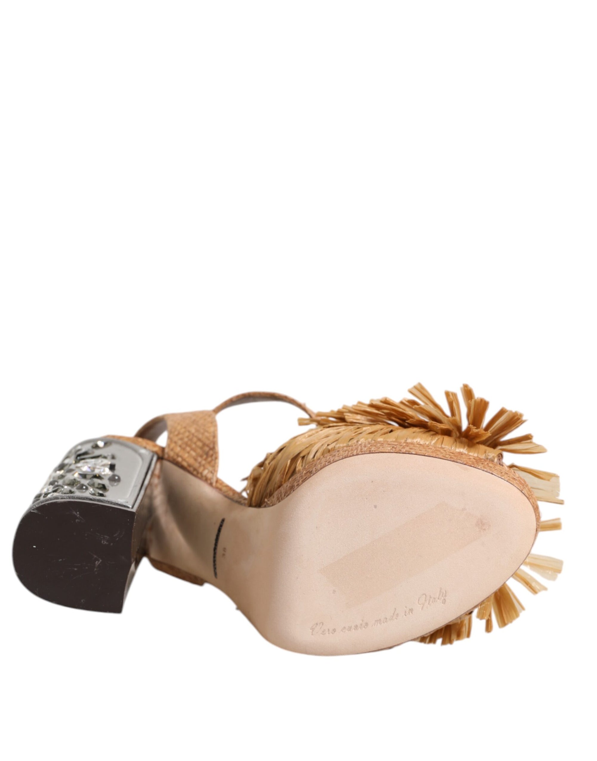 Dolce & Gabbana Brown Raffia Ankle Strap Crystal Sandals Shoes