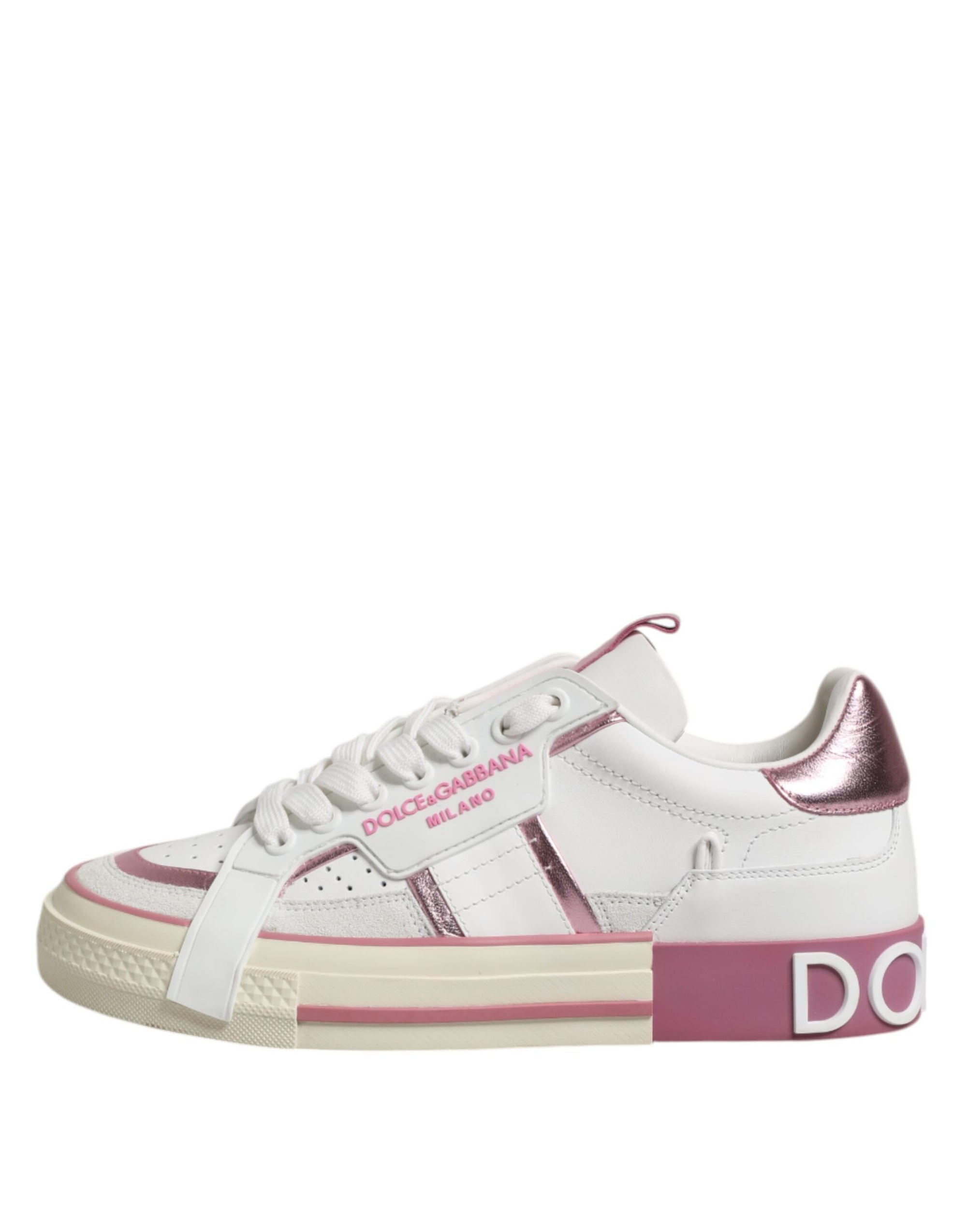 Dolce & Gabbana White Pink Leather Low Top Sneakers Shoes