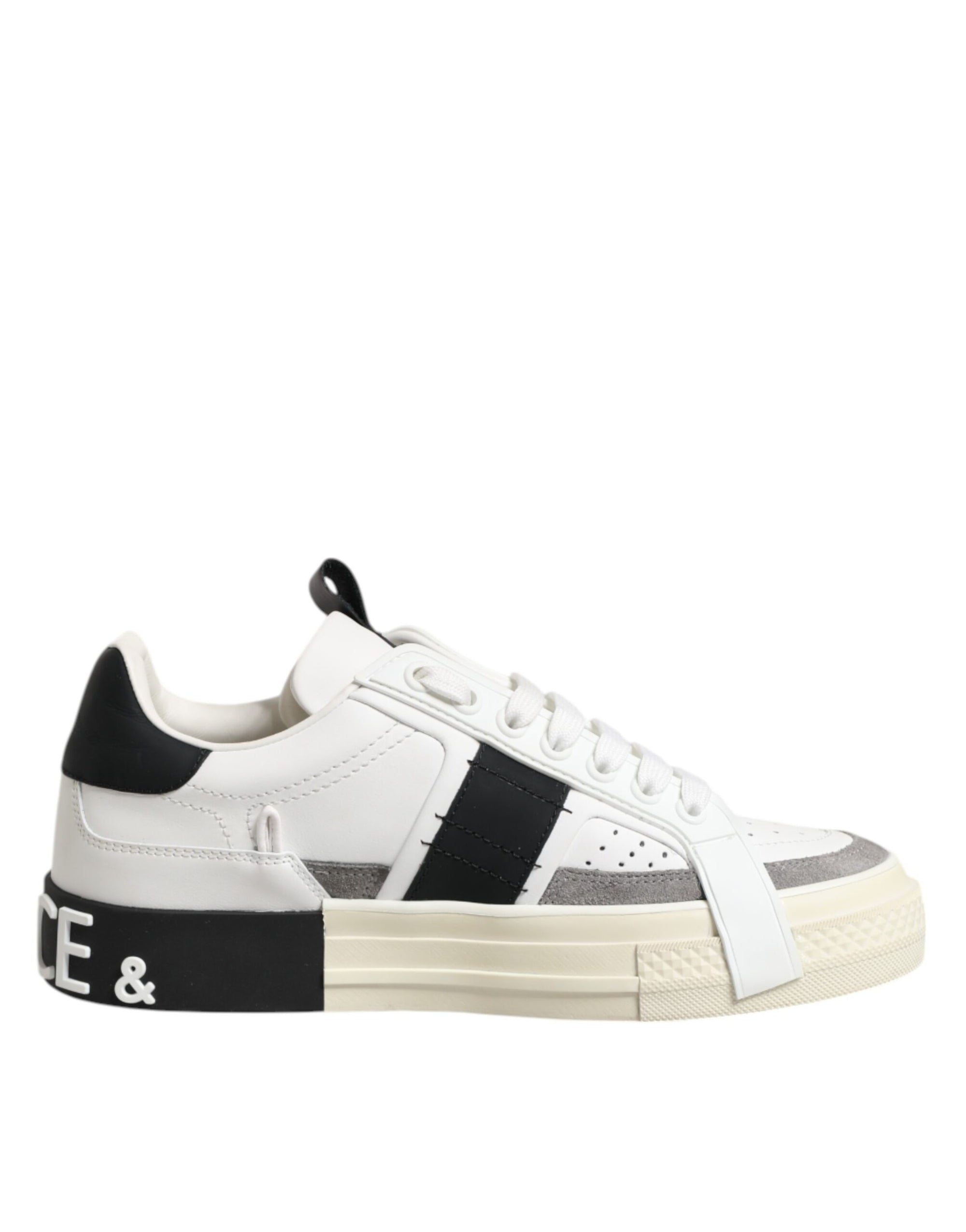 Dolce & Gabbana White Black Leather Low Top Sneakers Shoes