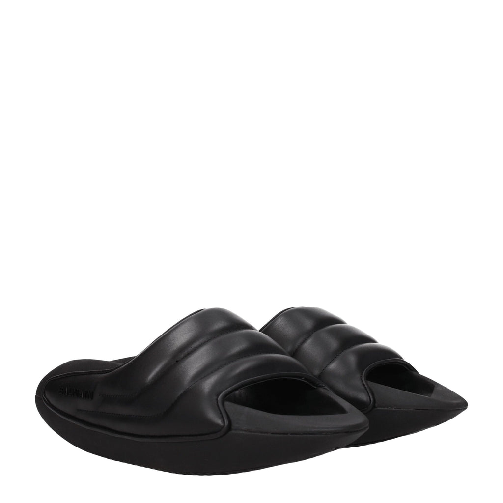 Balmain Black Leather Slippers Sandals