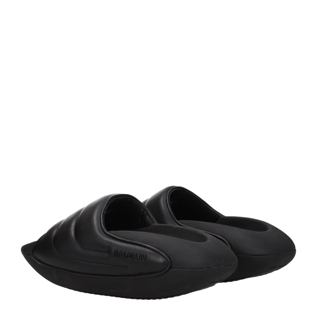 Balmain Black Leather Slippers Sandals