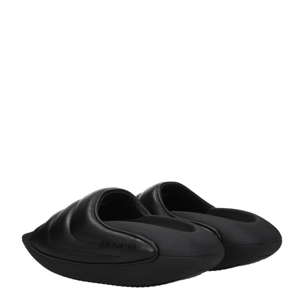 Balmain Black Leather Slippers Sandals