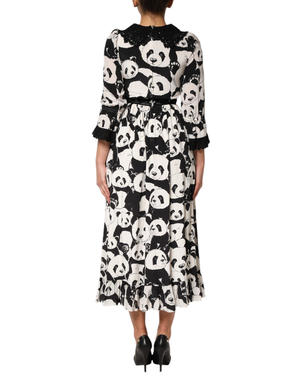 Dolce & Gabbana White Black Panda Print Flared Midi Dress