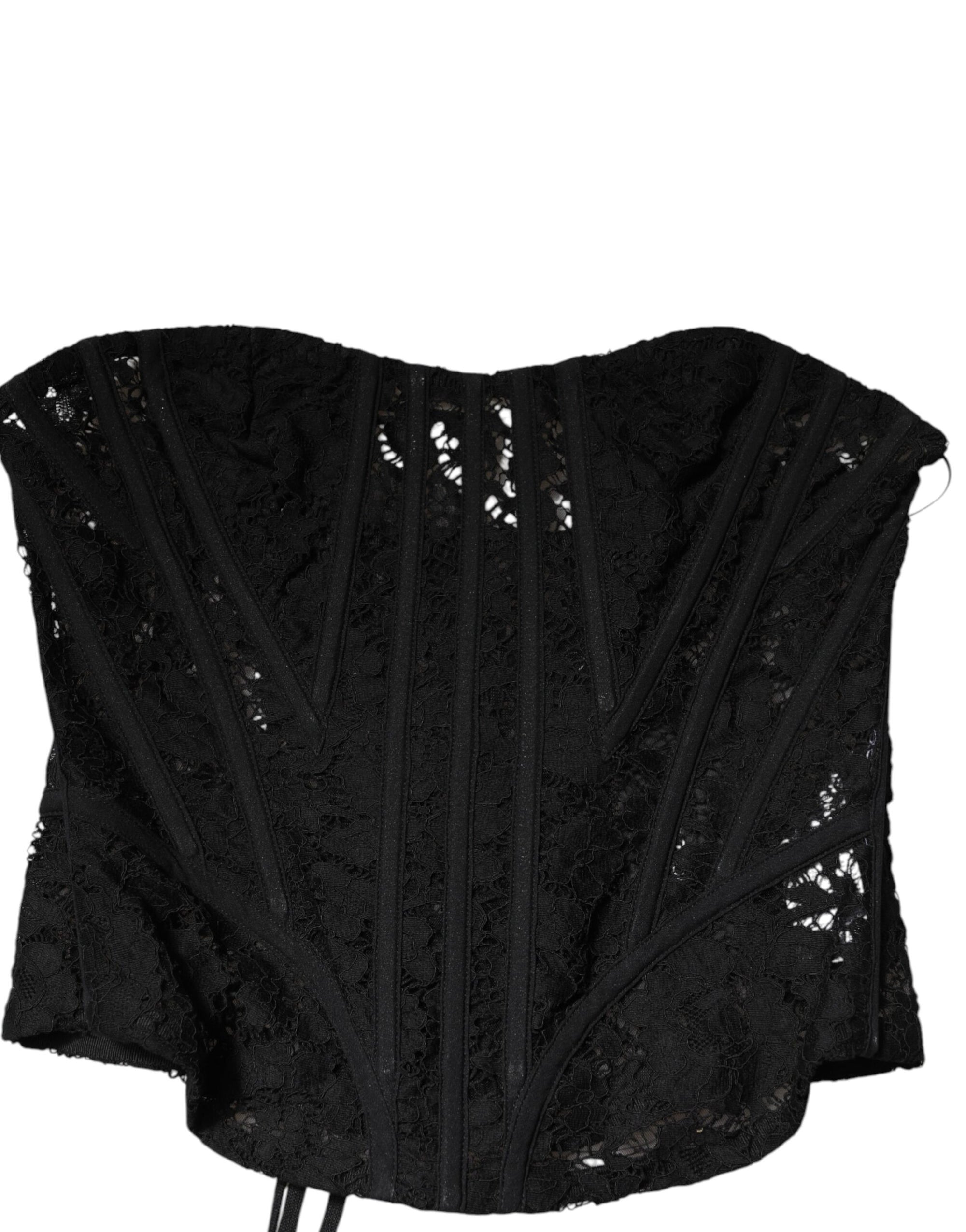 Dolce & Gabbana Black Strapless Floral Lace Bustier Cropped Top
