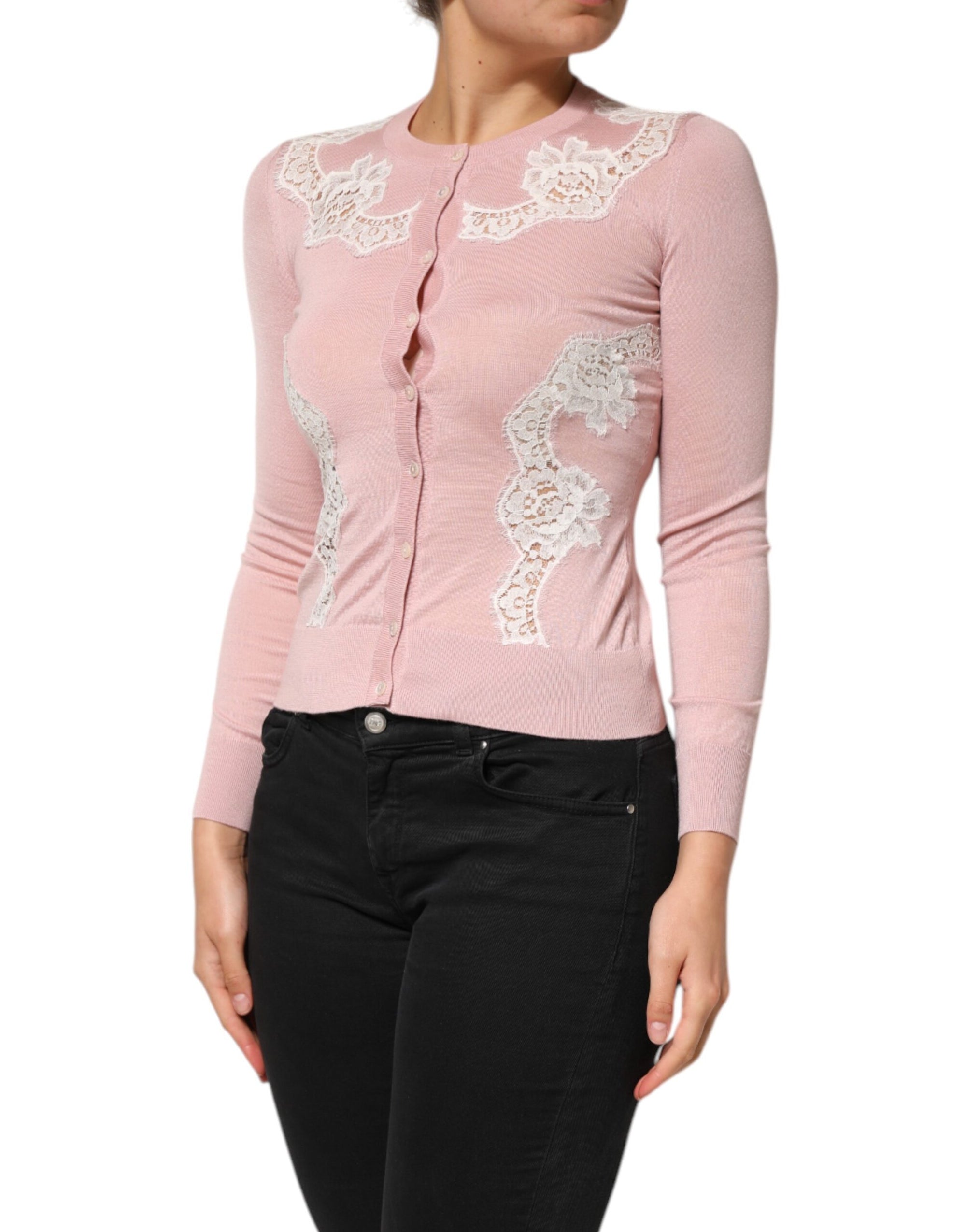 Dolce & Gabbana Pink Floral Lace Detailing Cardigan Sweater