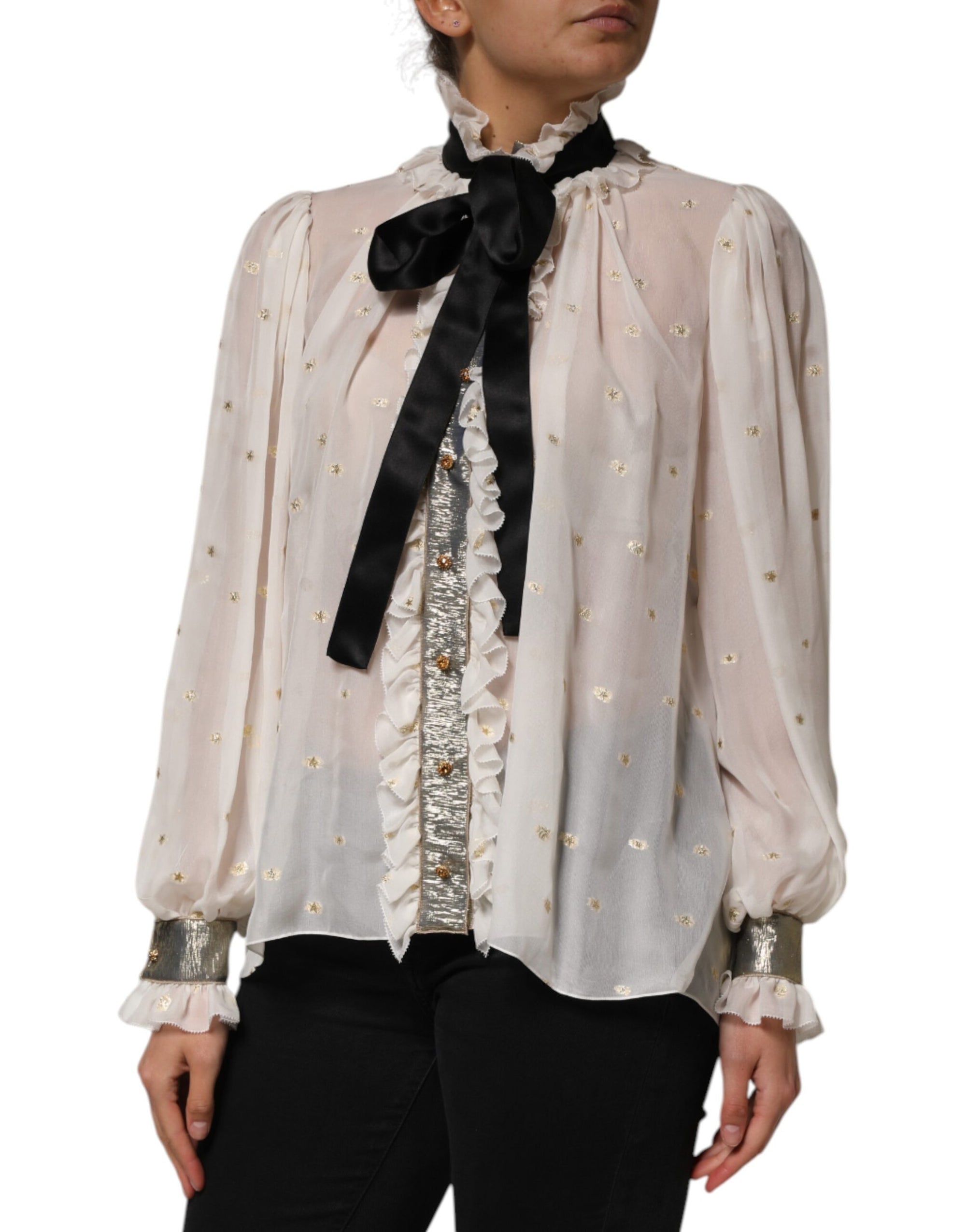 Dolce & Gabbana White Black Silk Long Sleeve Ascot Collar Top