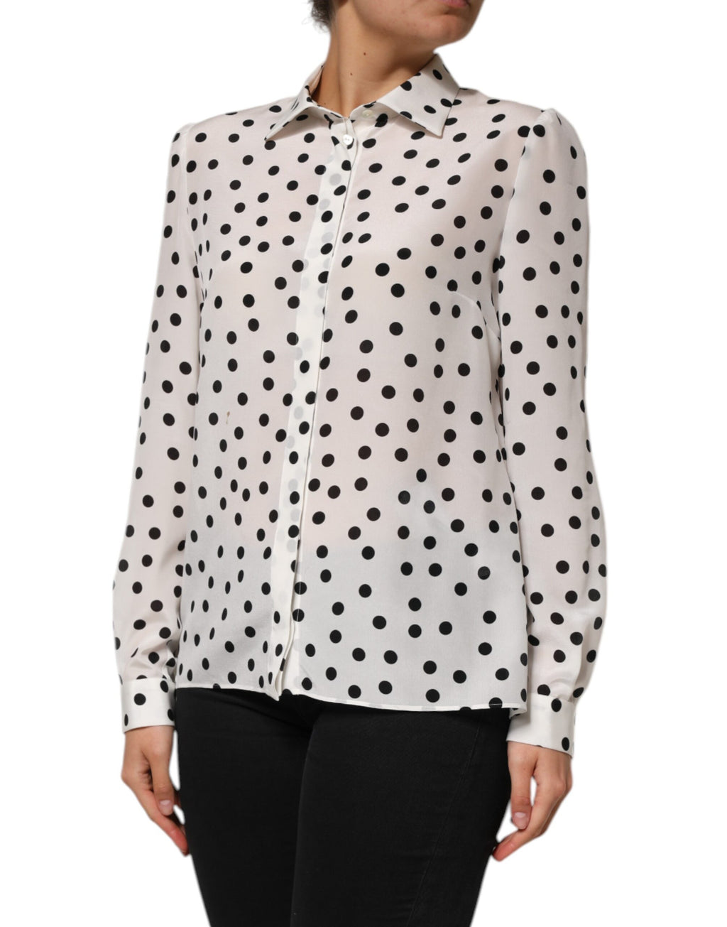 Dolce & Gabbana White Black Dotted Silk Long Sleeves Top