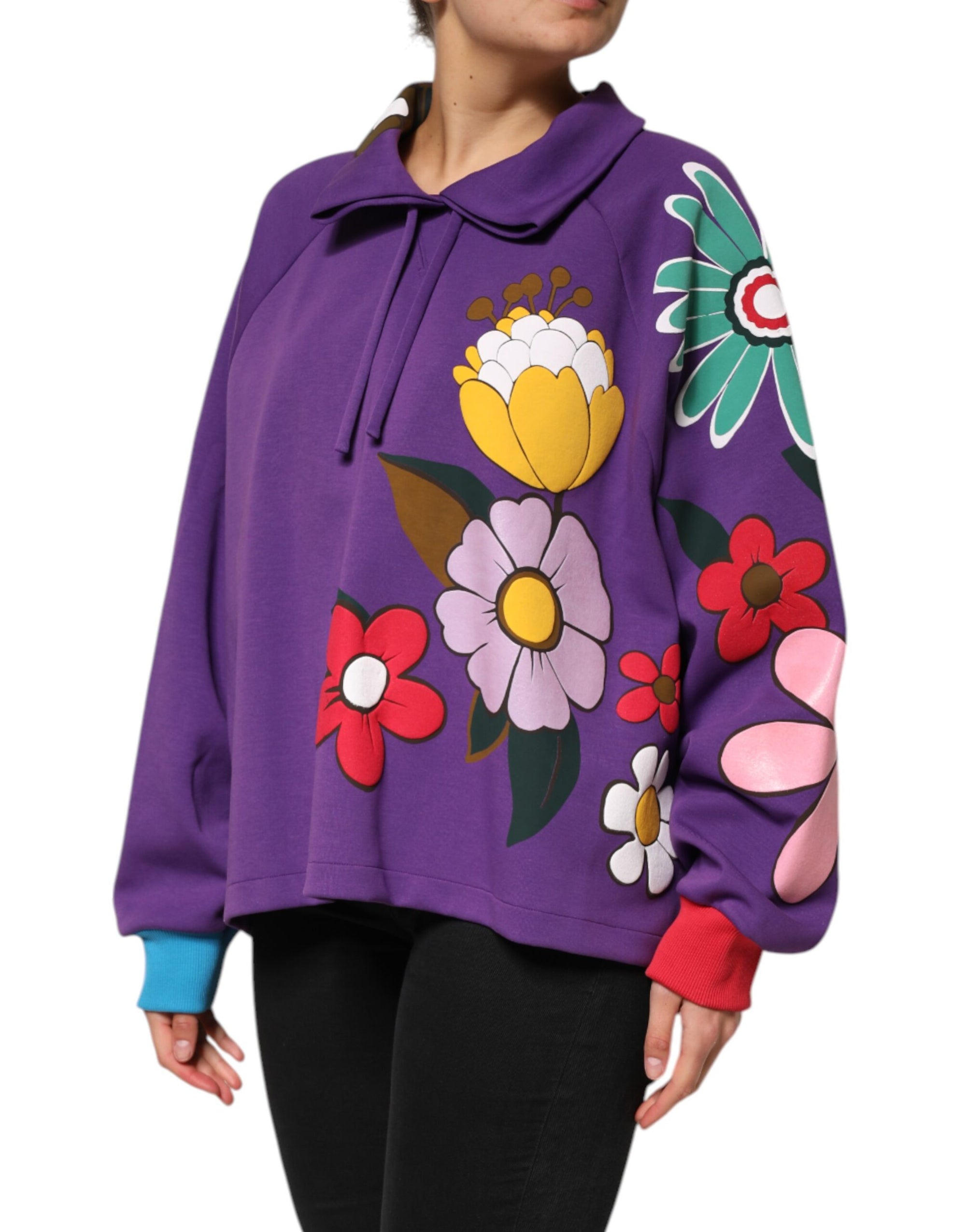 Dolce & Gabbana Purple Floral Print Cotton Long Sleeves Top