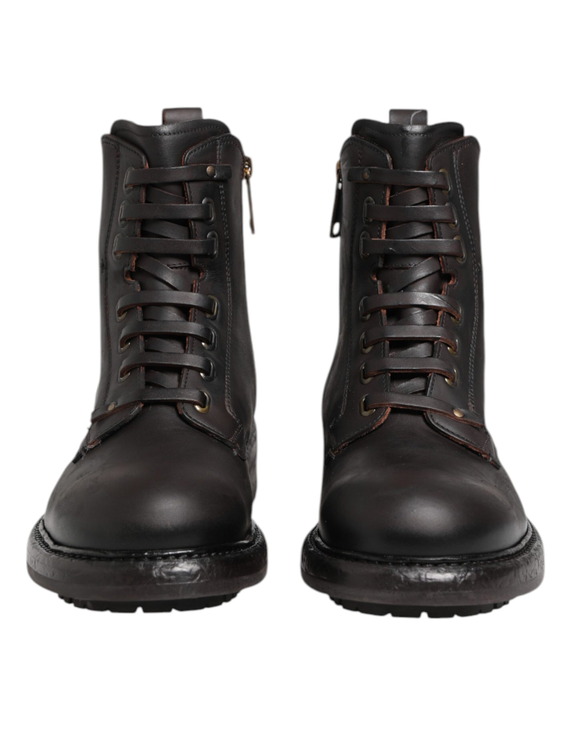 Dolce & Gabbana Dark Brown Leather Lace Up Mid Calf Boots Shoes