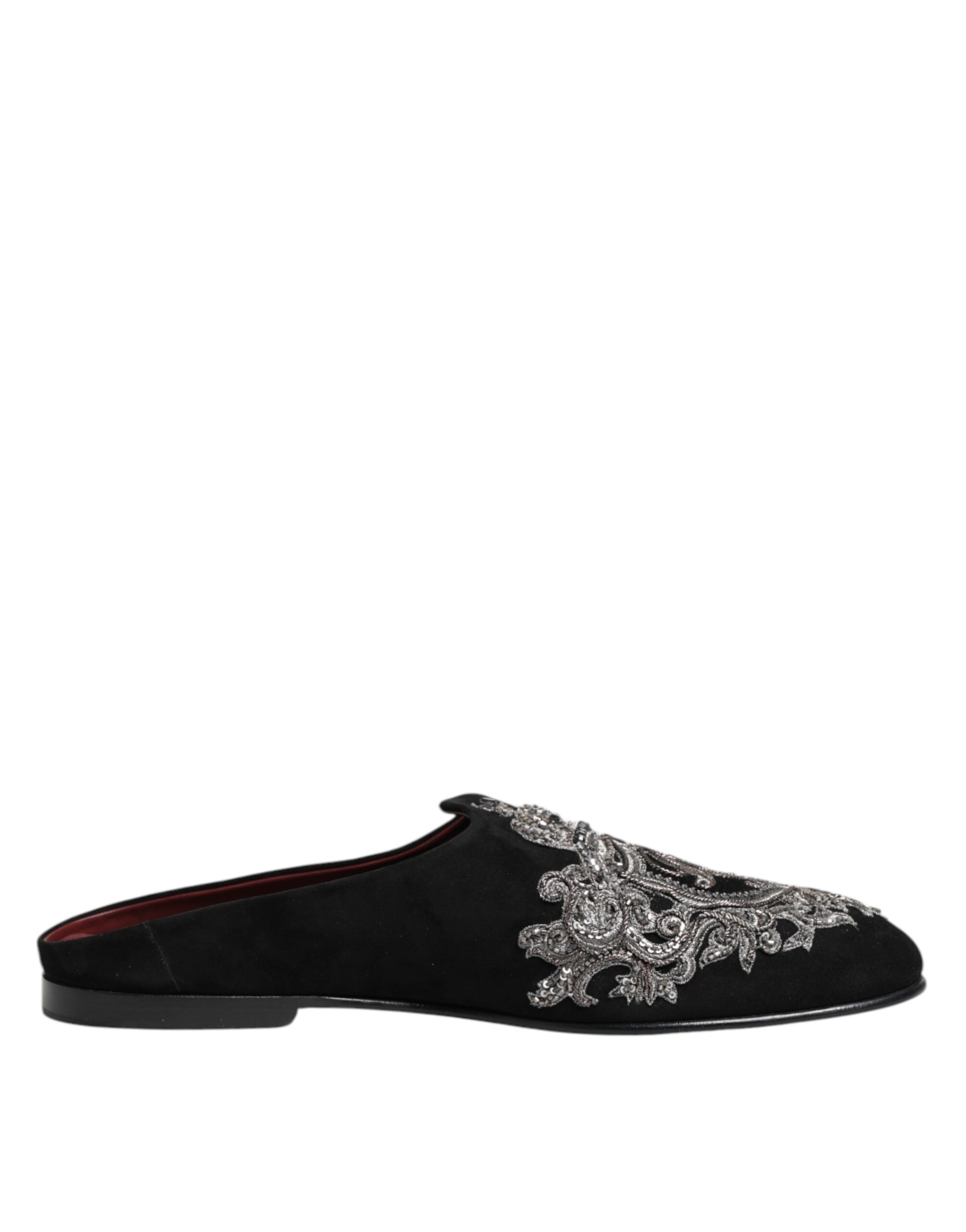 Dolce & Gabbana Black Velvet Slides DG Crown Slipper Shoes