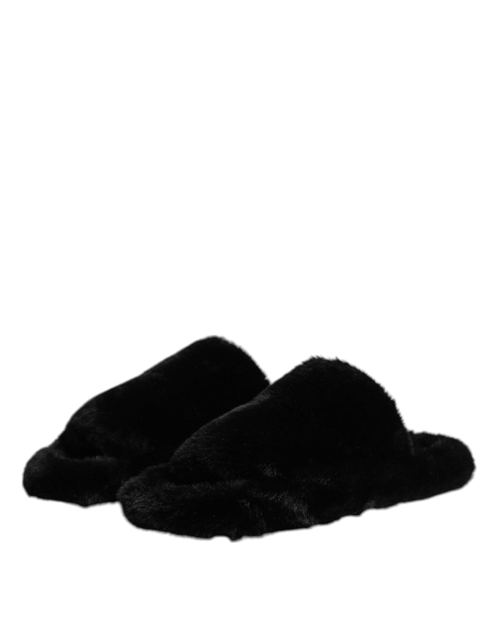 Dolce & Gabbana Black Faux Fur Flats Men Sandals Shoes