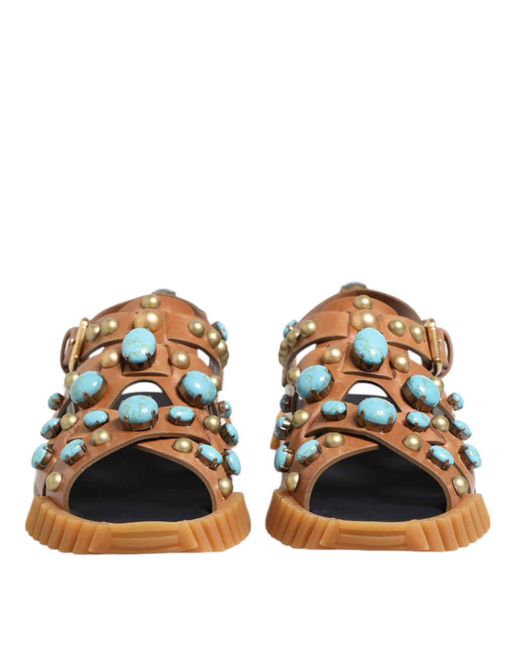 Dolce & Gabbana Brown Leather Studded Slides Sandals Shoes