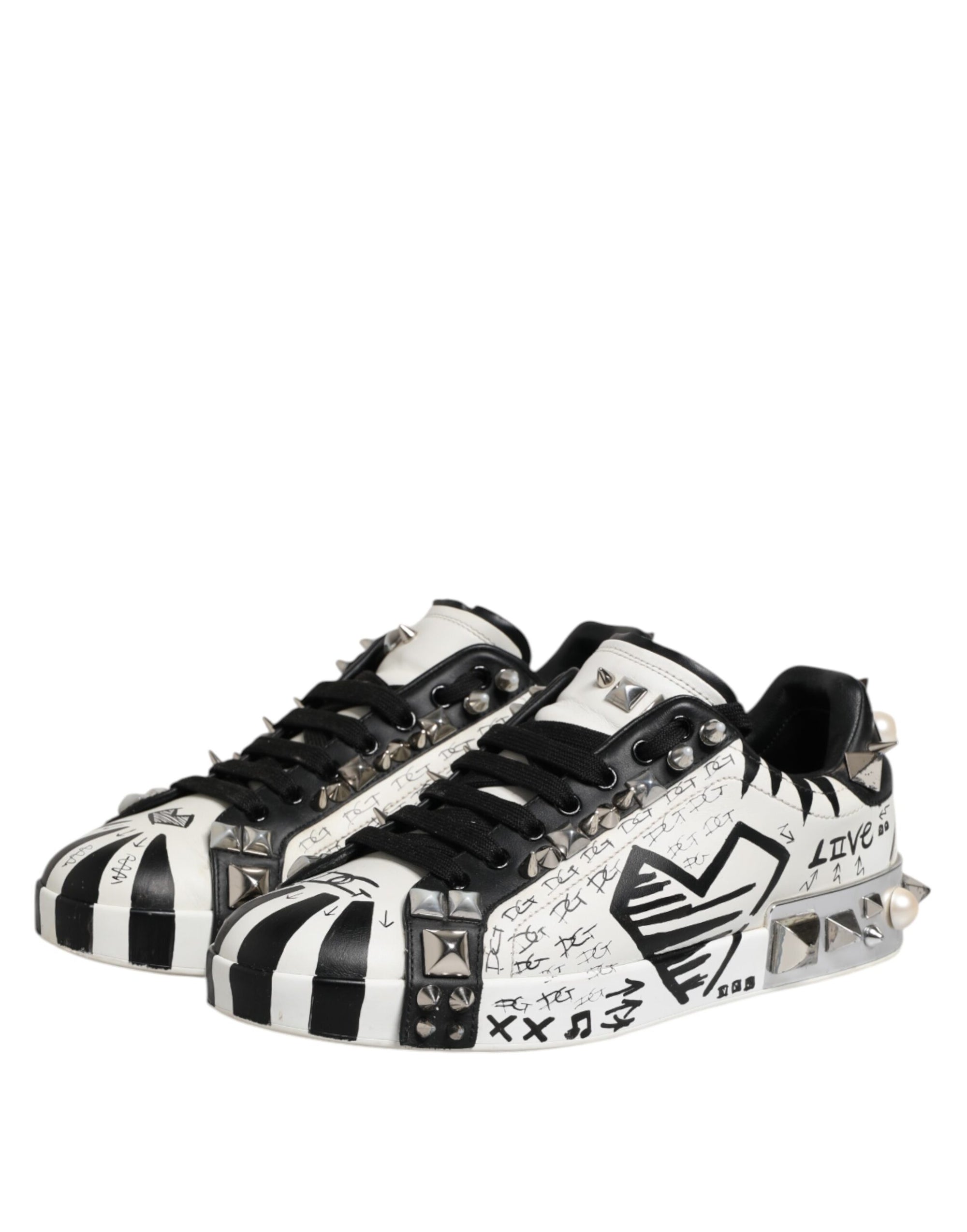 Dolce & Gabbana Black White Studded Low Top Sneakers Shoes