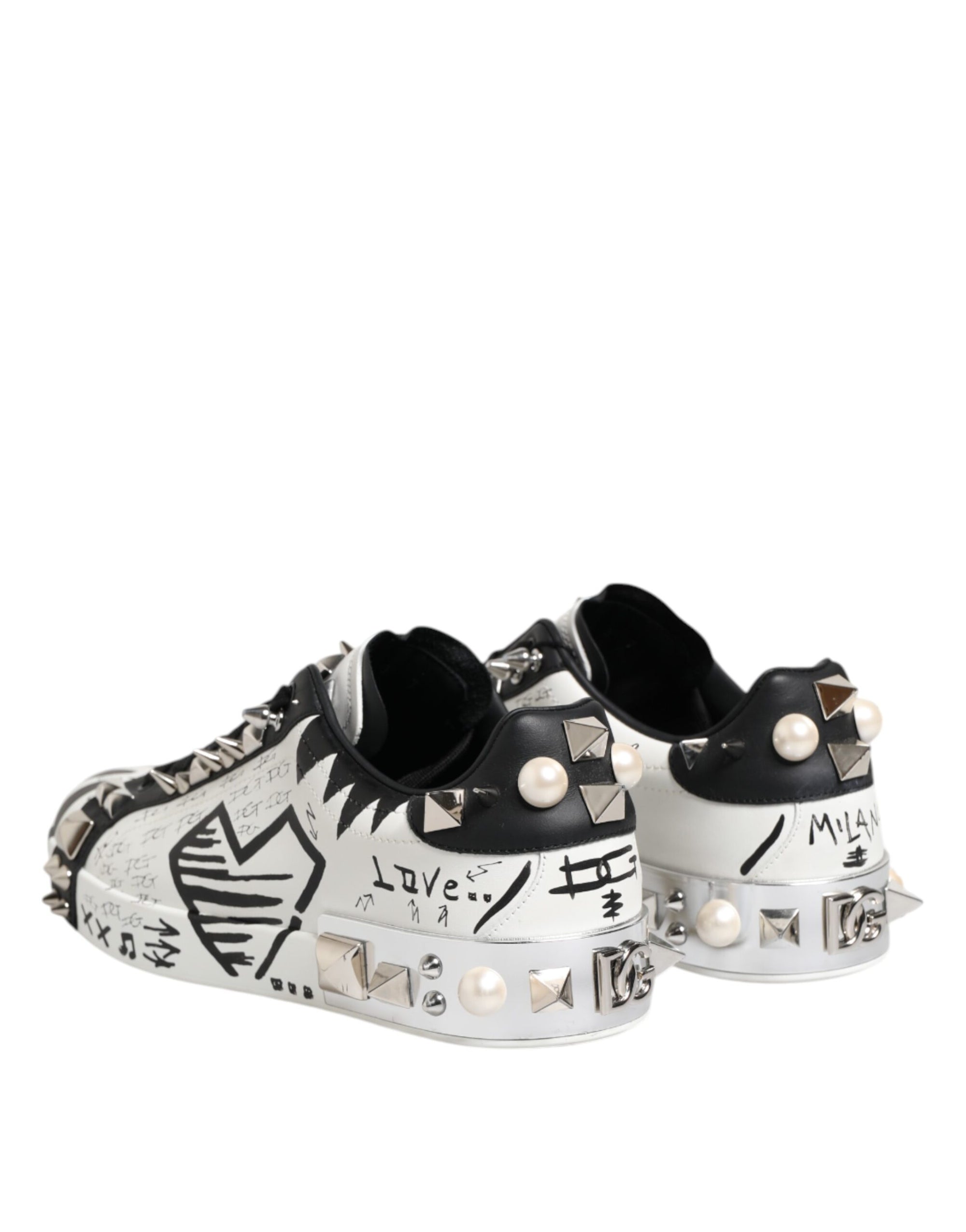 Dolce & Gabbana Black White Studded Low Top Sneakers Shoes