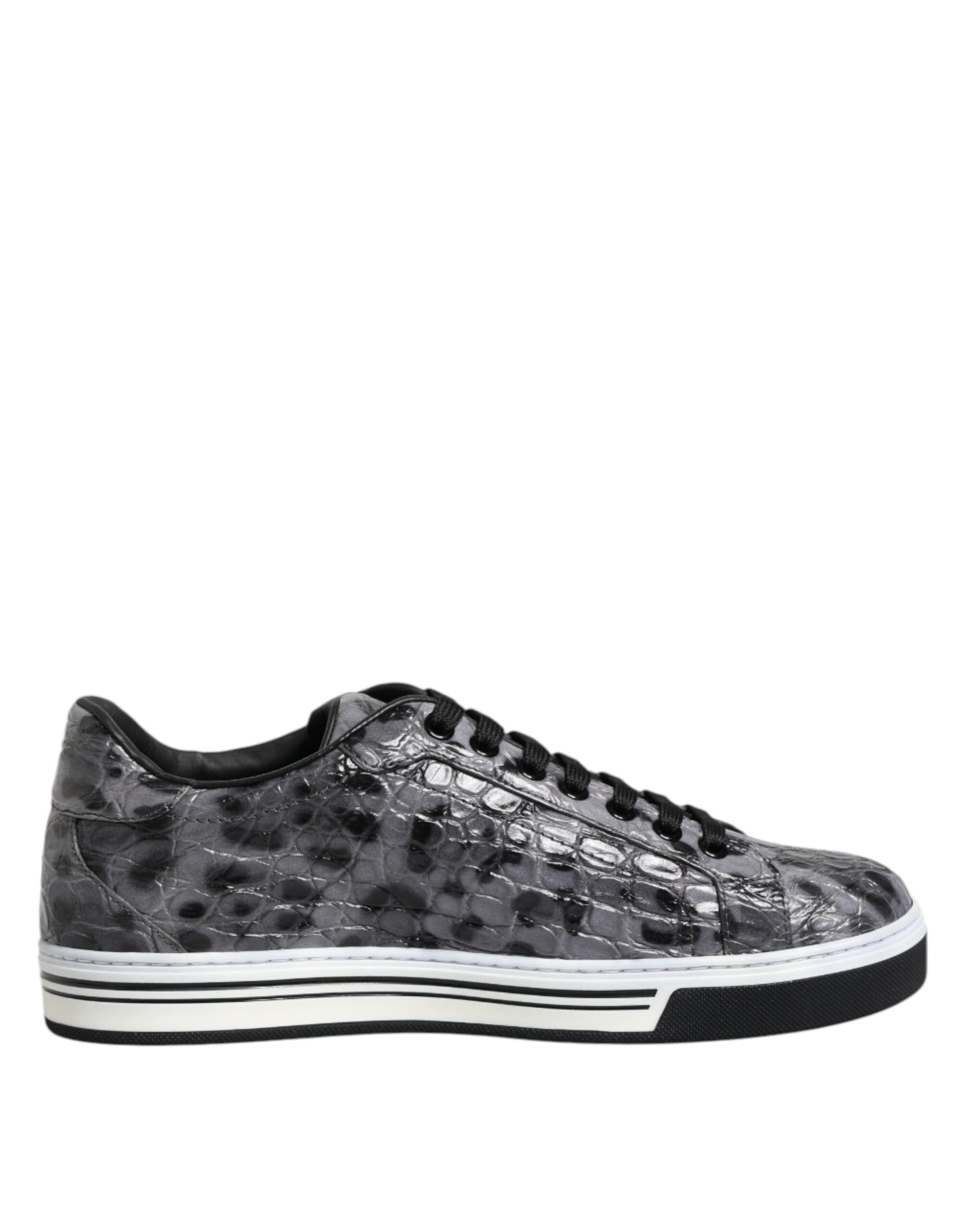Dolce & Gabbana Gray Leather Leopard Low Top Sneakers Shoes