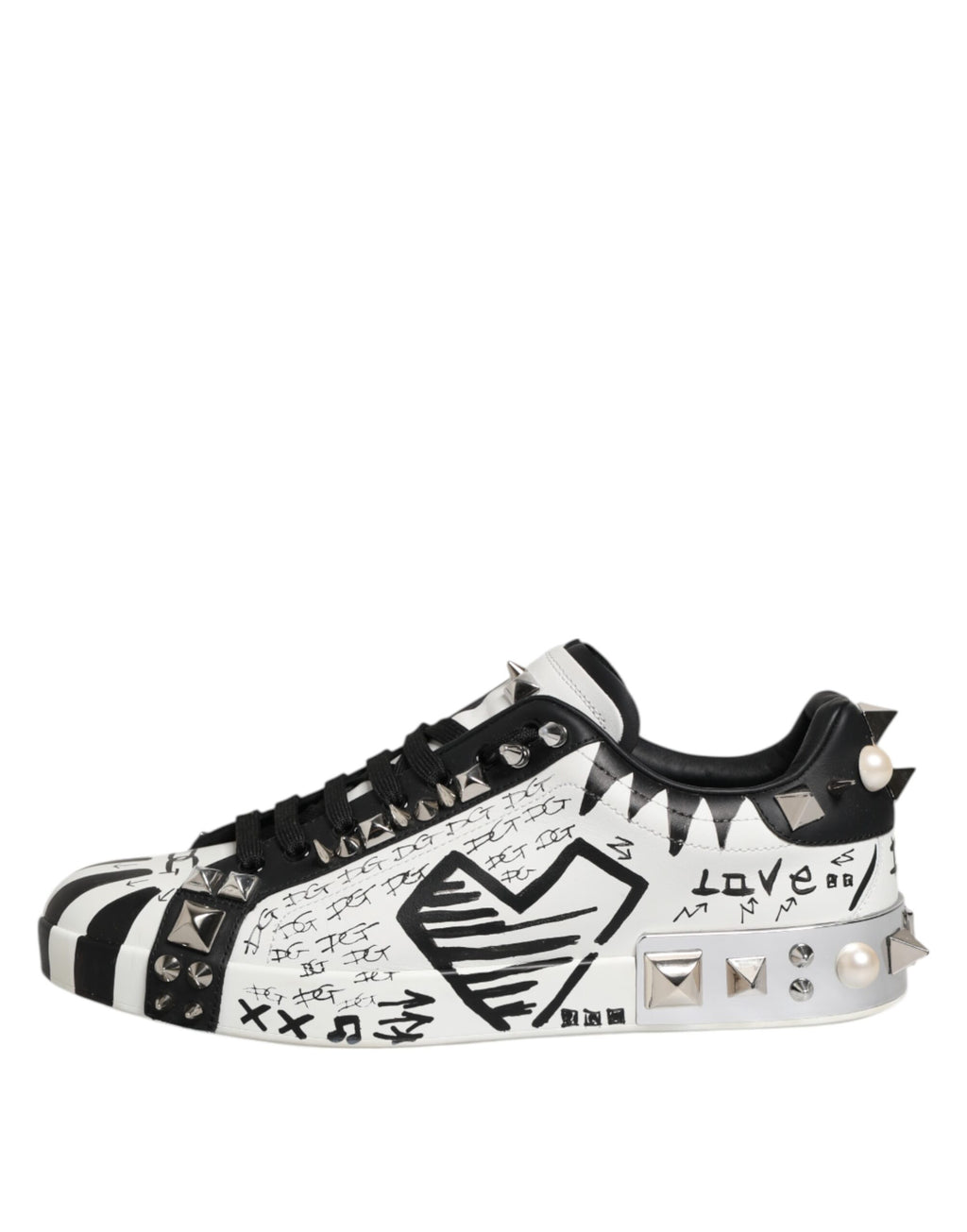 Dolce & Gabbana Black White Studded Low Top Sneakers Shoes