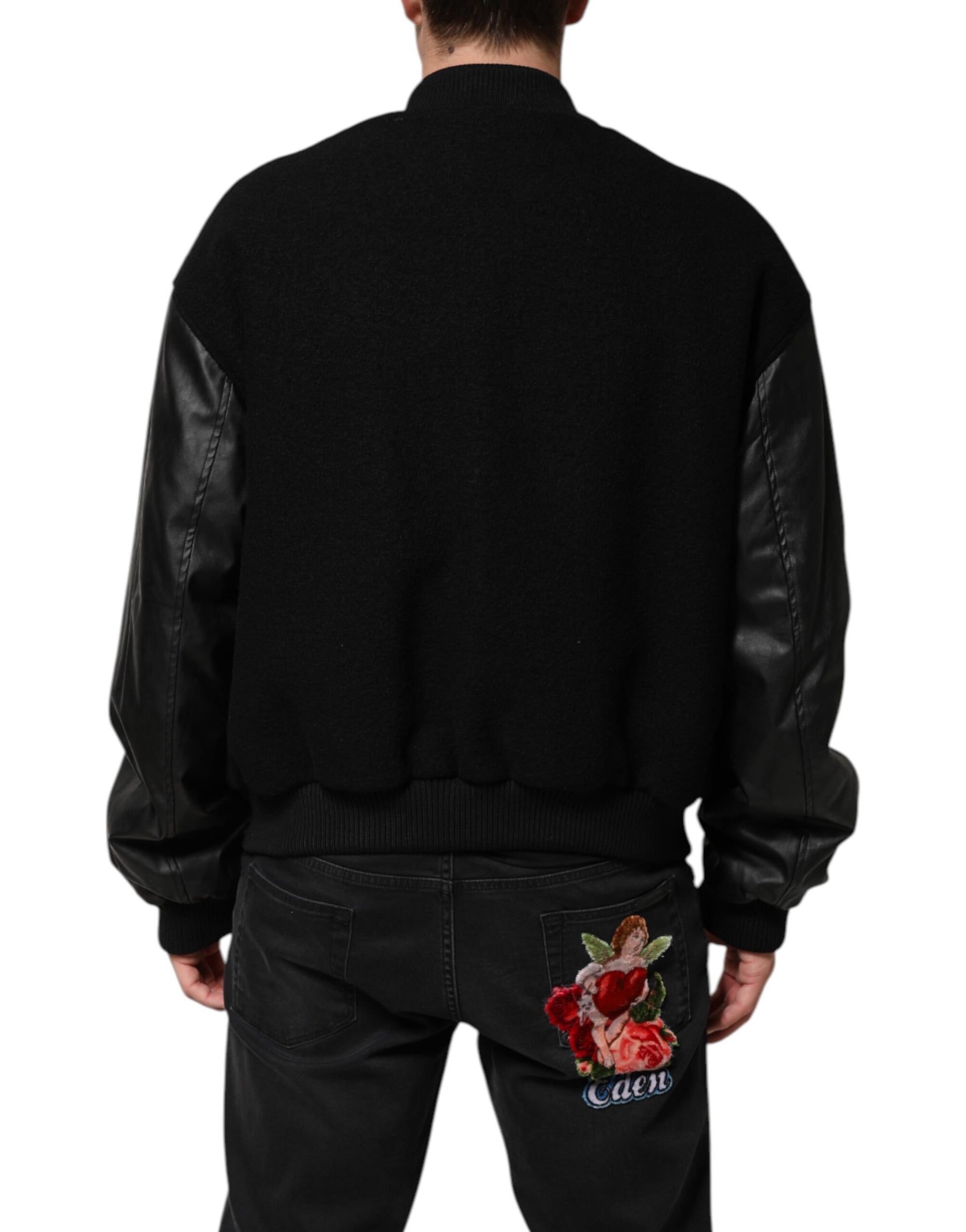 Dolce & Gabbana Black Wool Logo Plaque Bomber Jacket