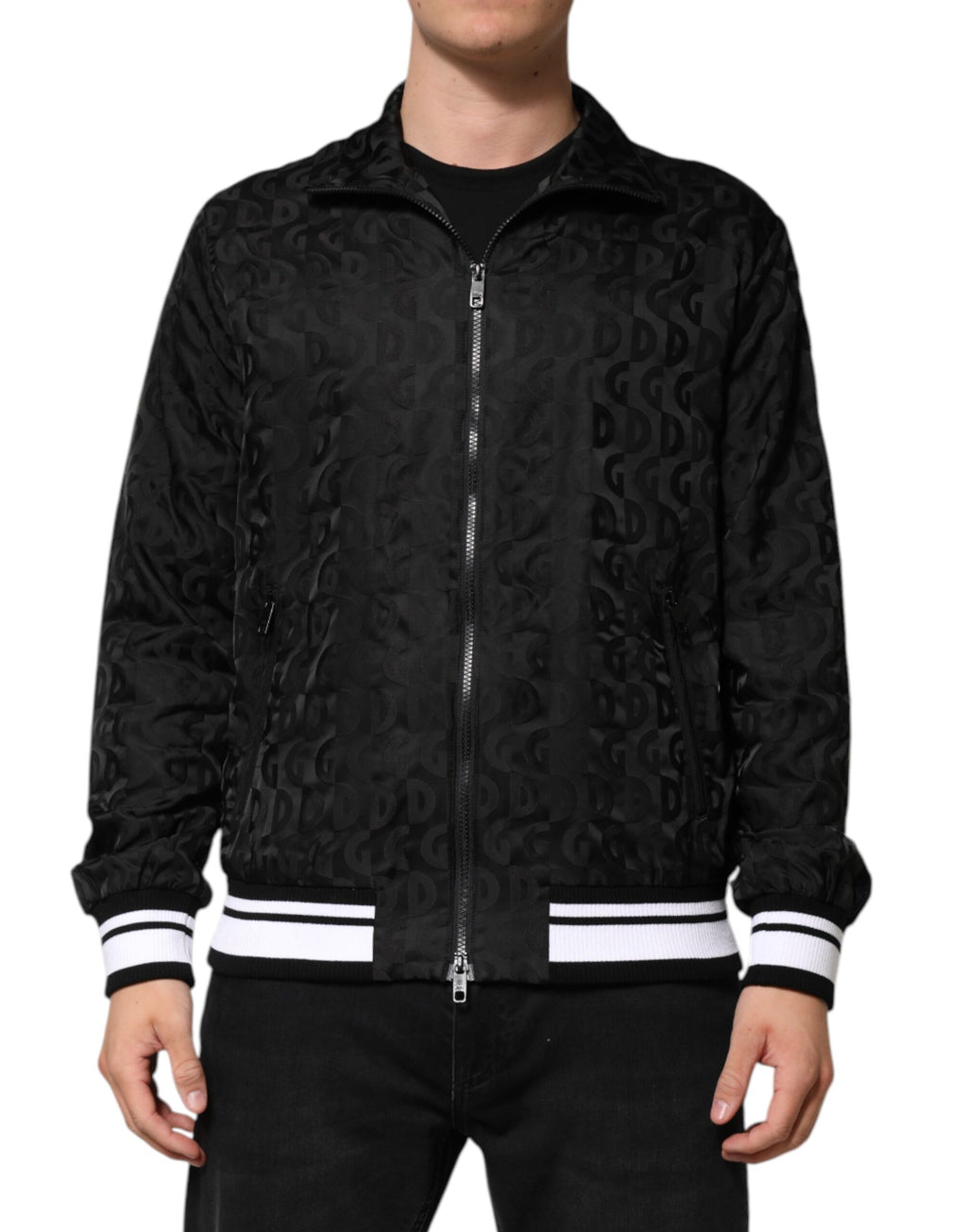 Dolce & Gabbana Black Jacquard Men Full Zip Bomber Sweater