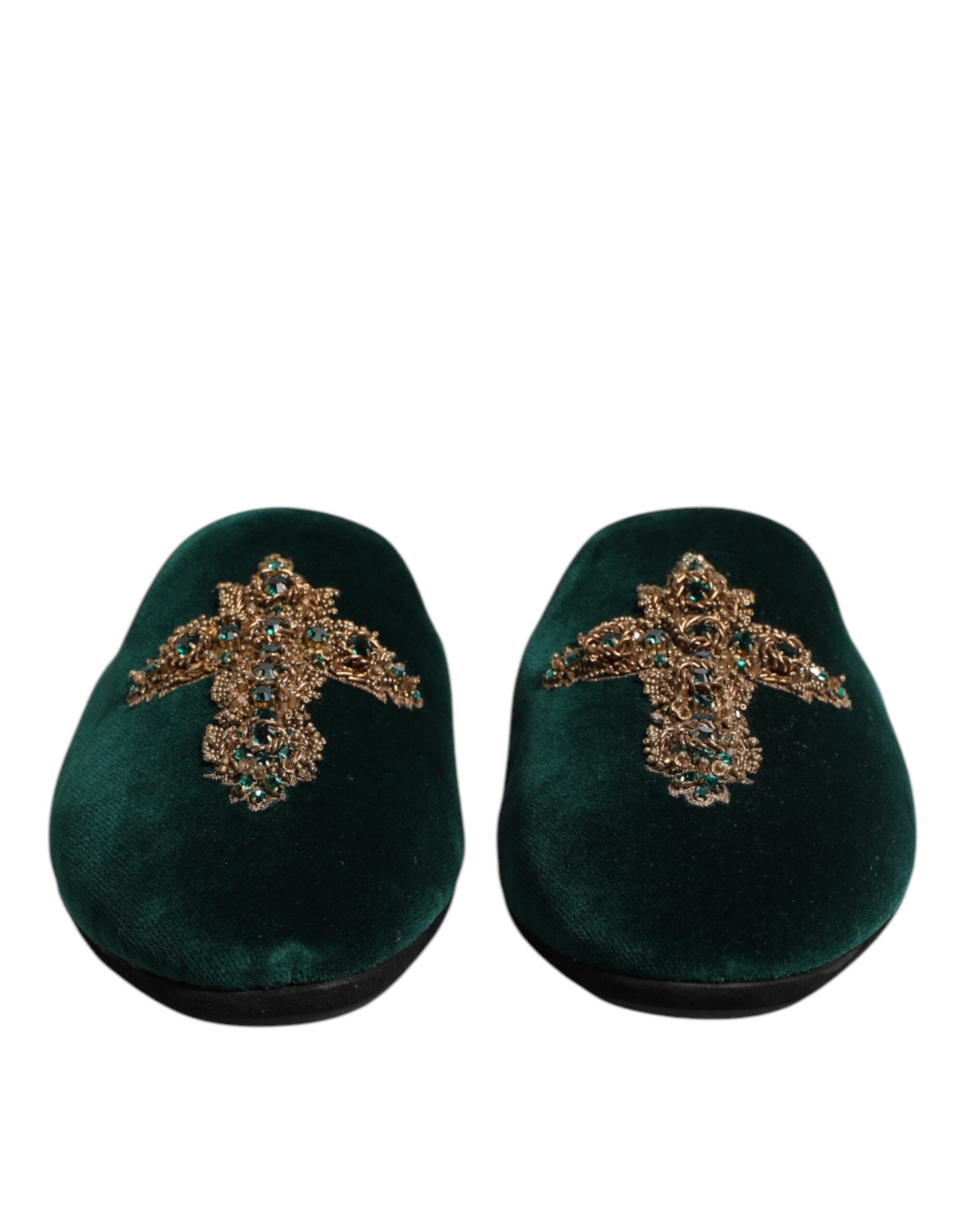 Dolce & Gabbana Green Velvet Cross Embellished Slippers Shoes