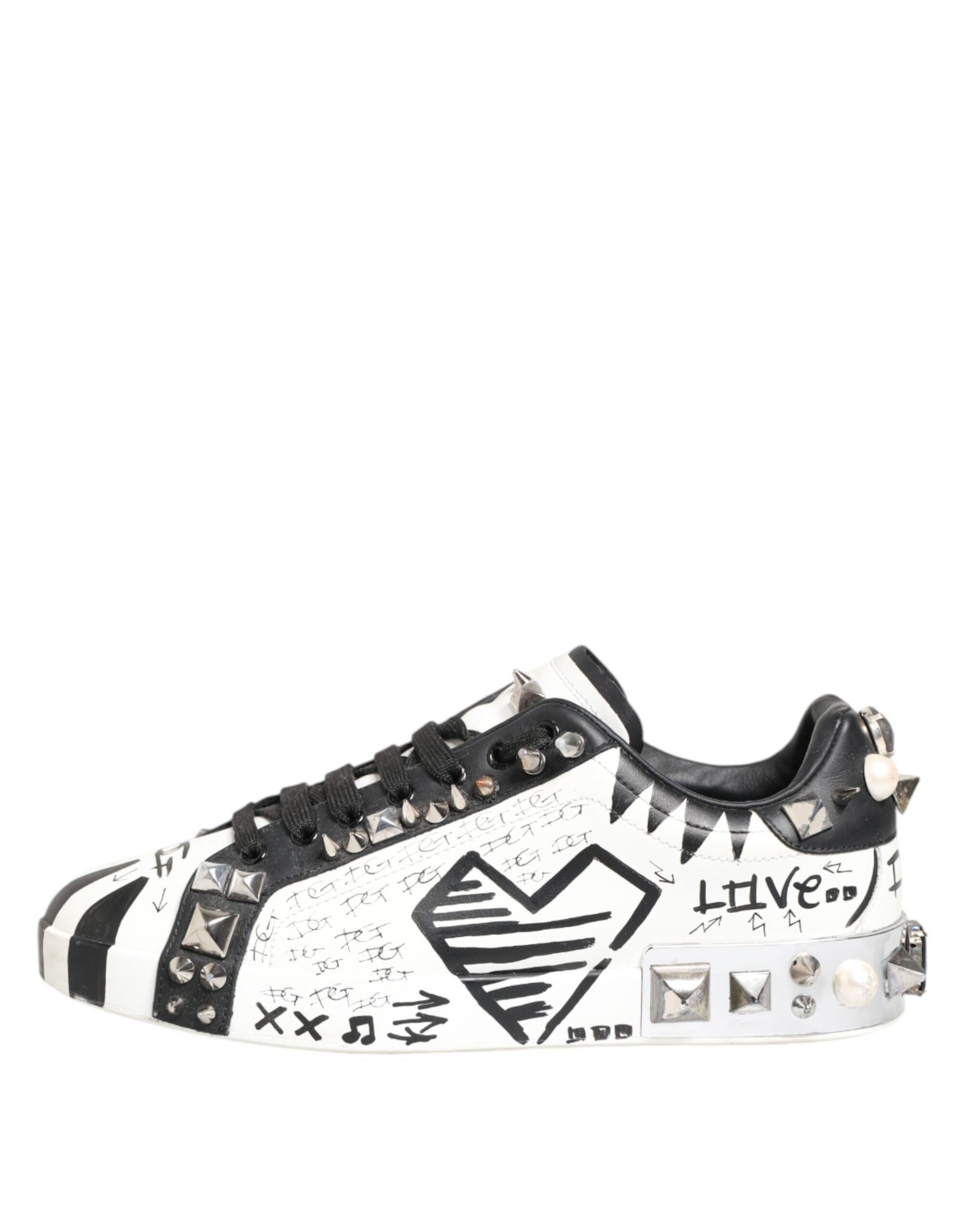 Dolce & Gabbana White Studded Printed Low Top Sneakers Shoes