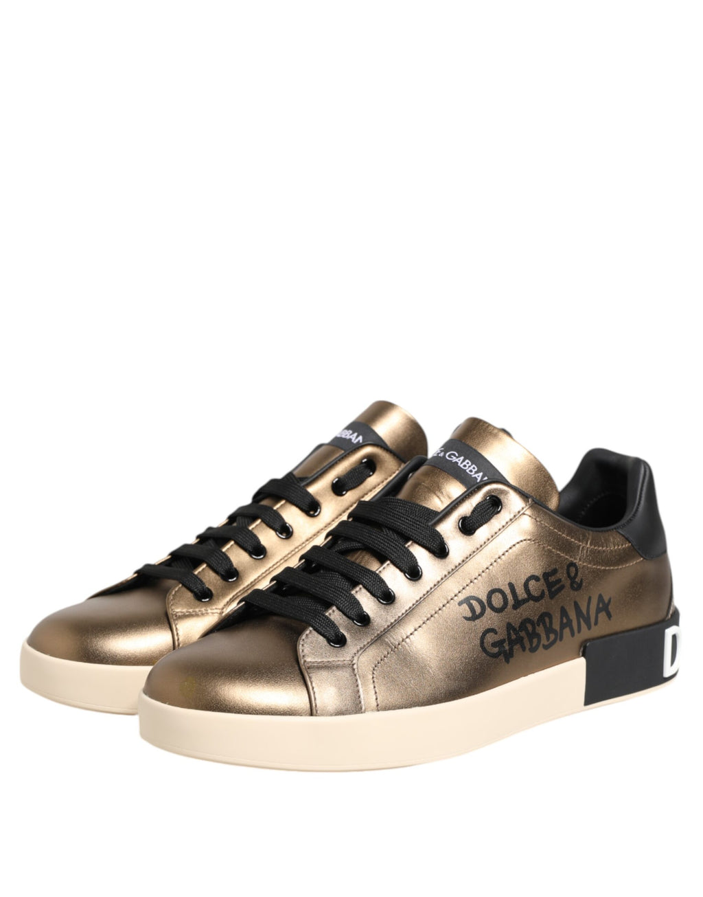 Dolce & Gabbana Gold White Leather Low Top Men Sneakers Shoes