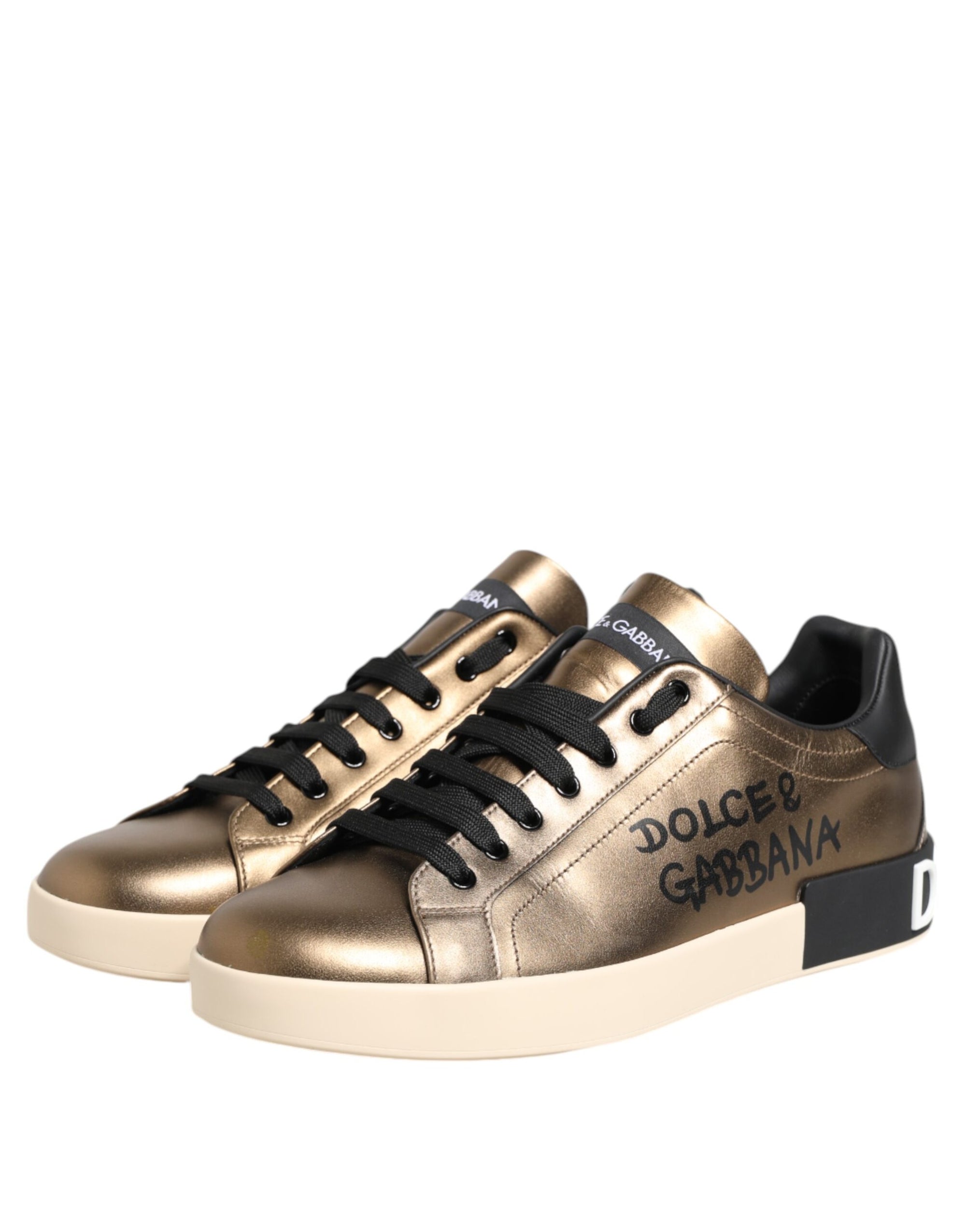 Dolce & Gabbana Gold White Leather Low Top Men Sneakers Shoes