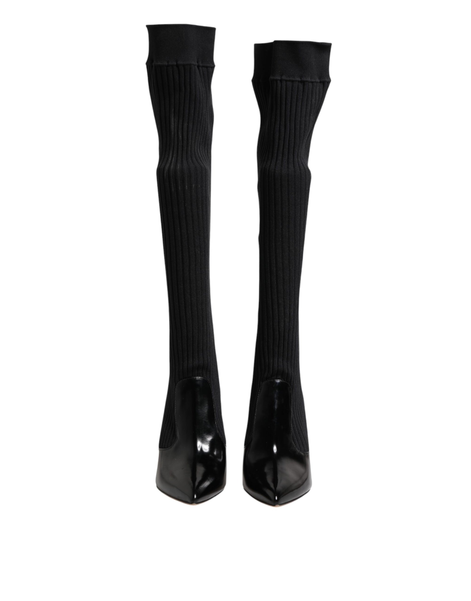 Dolce & Gabbana Black Leather Ribbed Knit Knee Boots Shoes