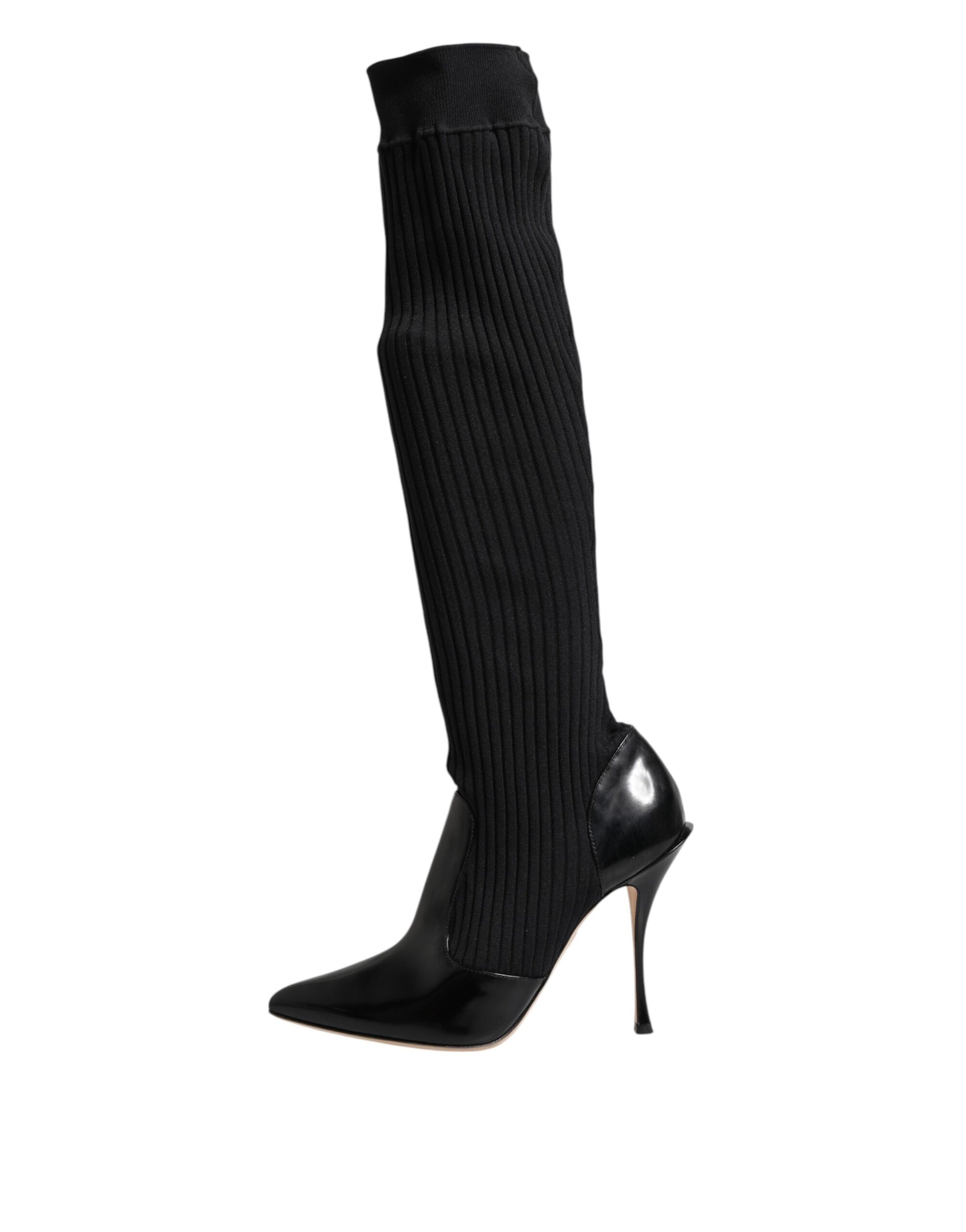 Dolce & Gabbana Black Leather Ribbed Knit Knee Boots Shoes