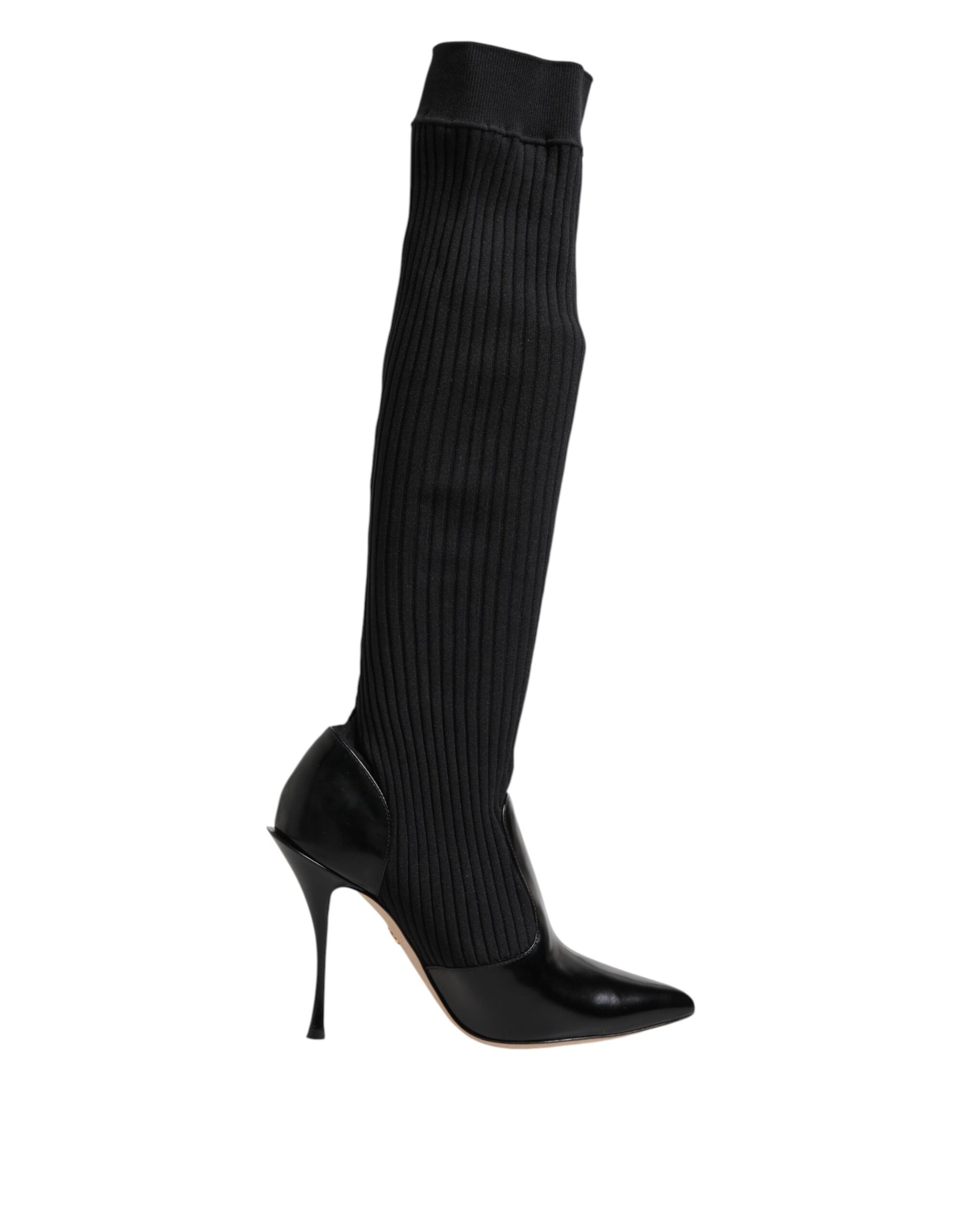 Dolce & Gabbana Black Leather Ribbed Knit Knee Boots Shoes