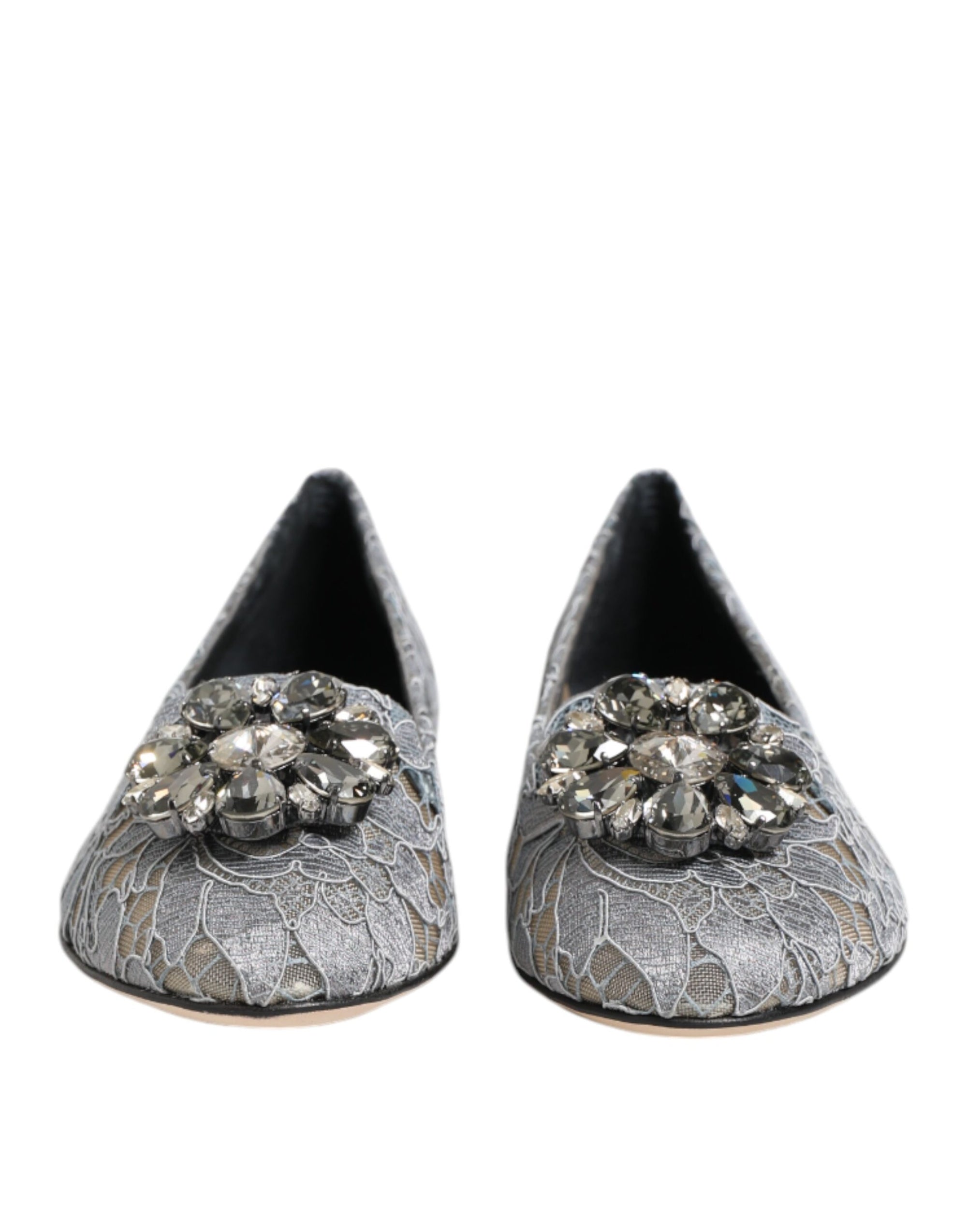 Dolce & Gabbana Gray Taormina Lace Crystals Flats Shoes