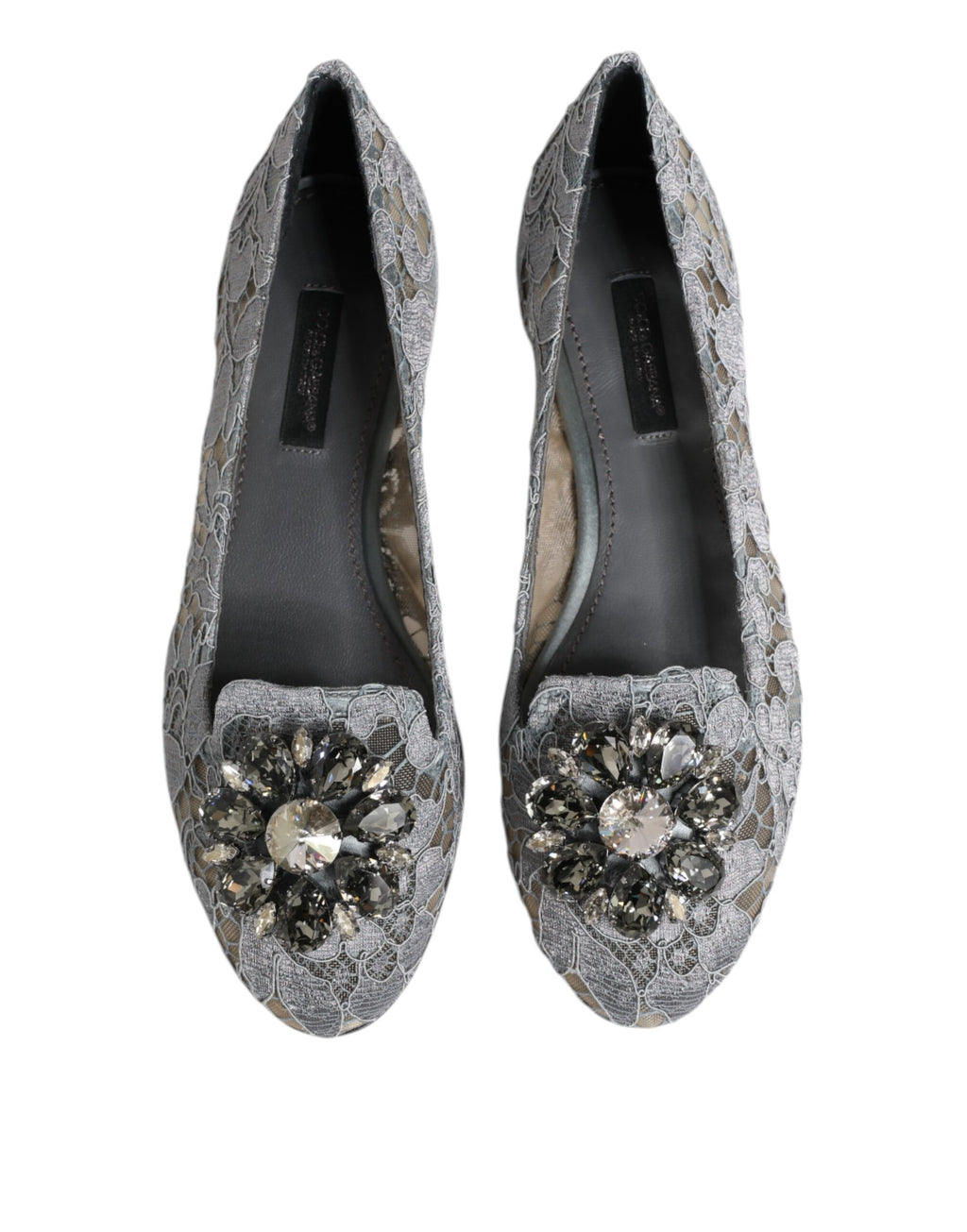 Dolce & Gabbana Gray Taormina Lace Crystals Flats Shoes