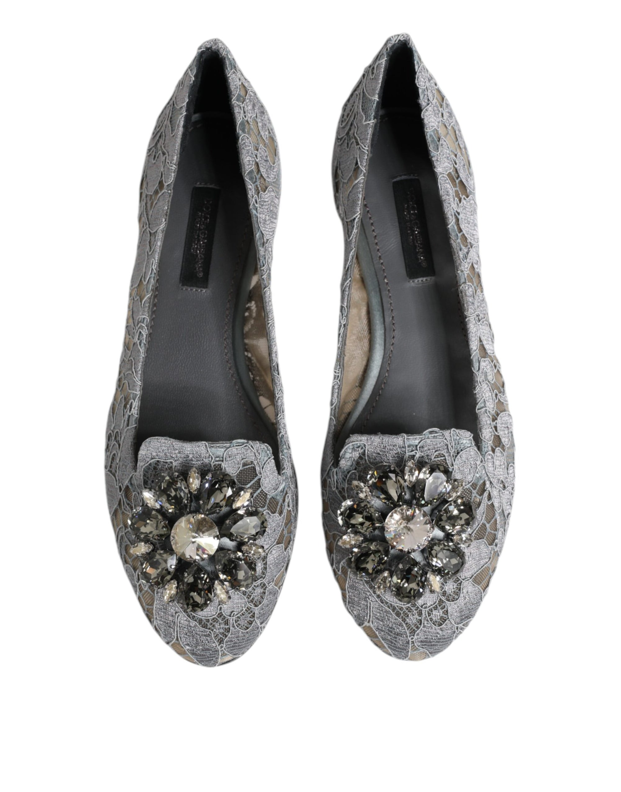 Dolce & Gabbana Gray Taormina Lace Crystals Flats Shoes