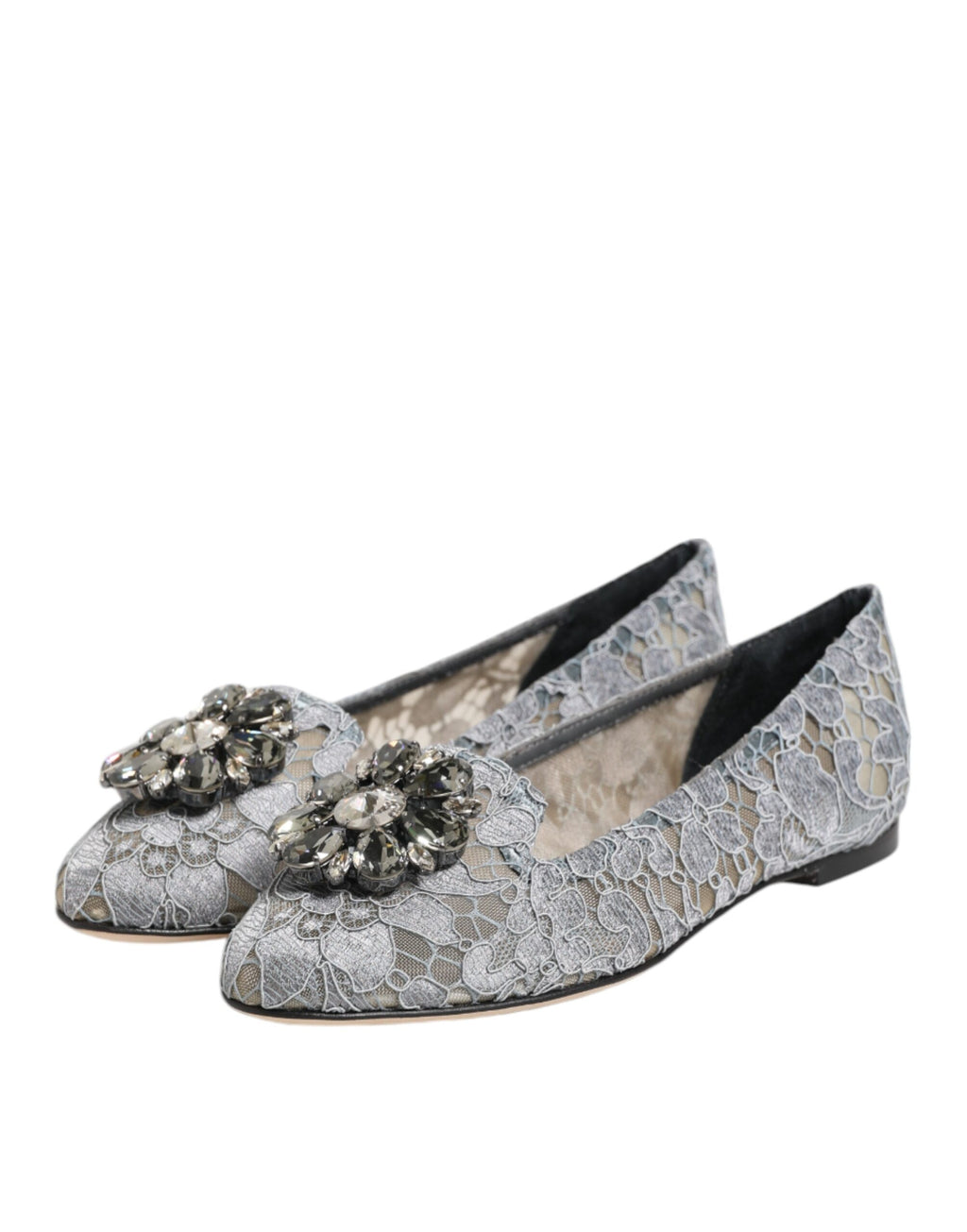 Dolce & Gabbana Gray Taormina Lace Crystals Flats Shoes