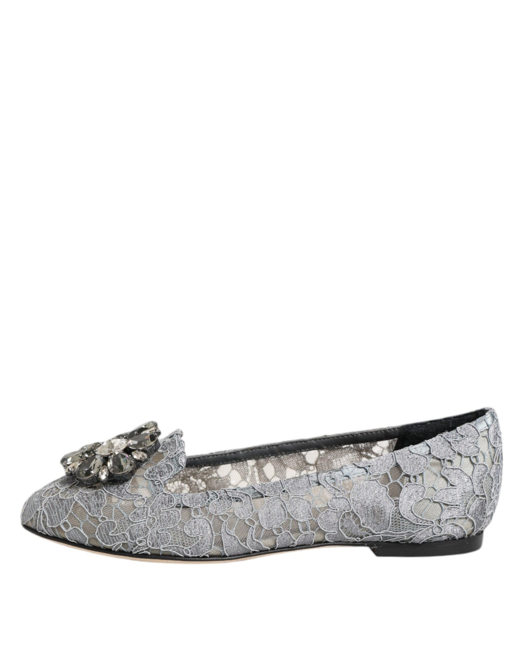 Dolce & Gabbana Gray Taormina Lace Crystals Flats Shoes