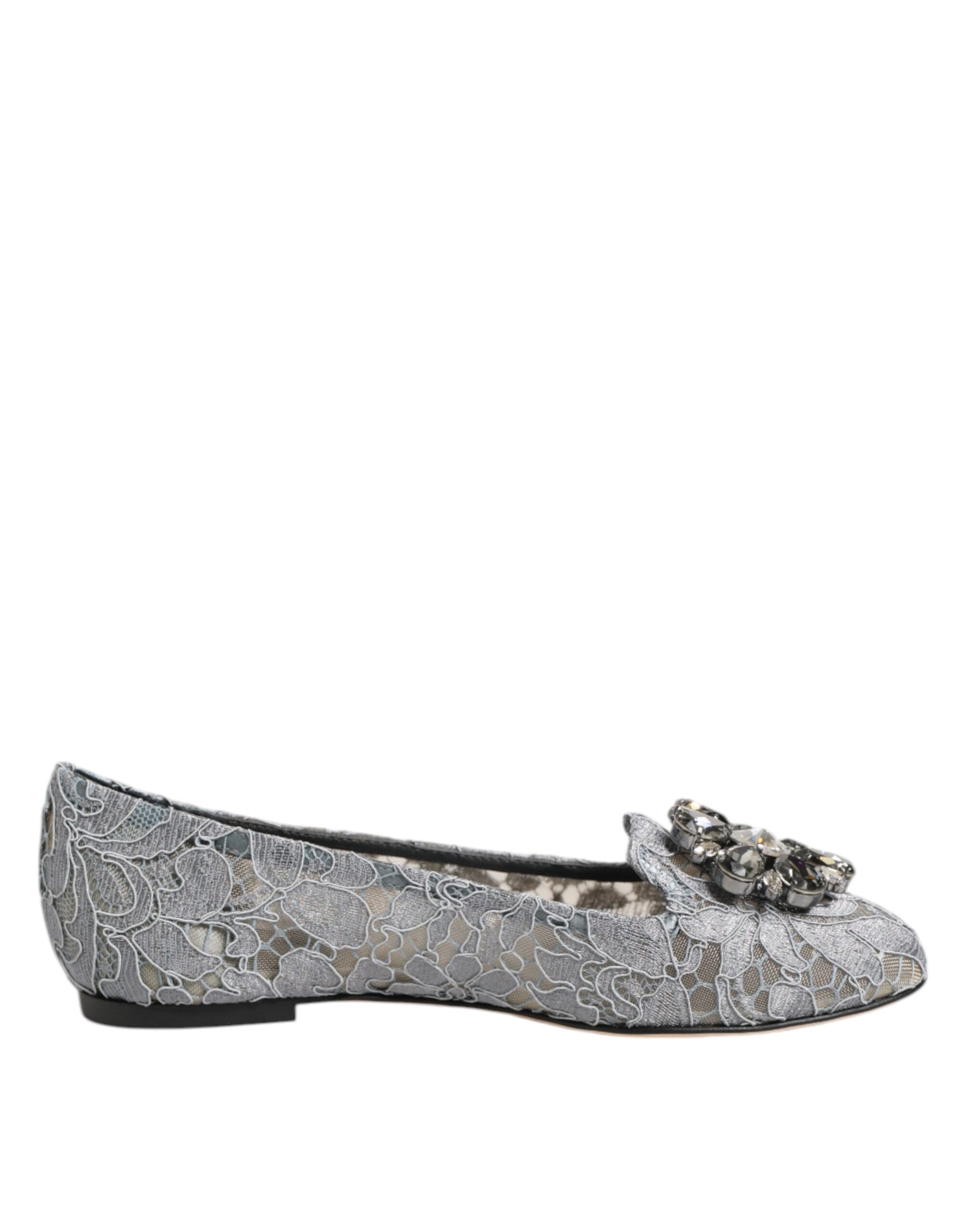 Dolce & Gabbana Gray Taormina Lace Crystals Flats Shoes