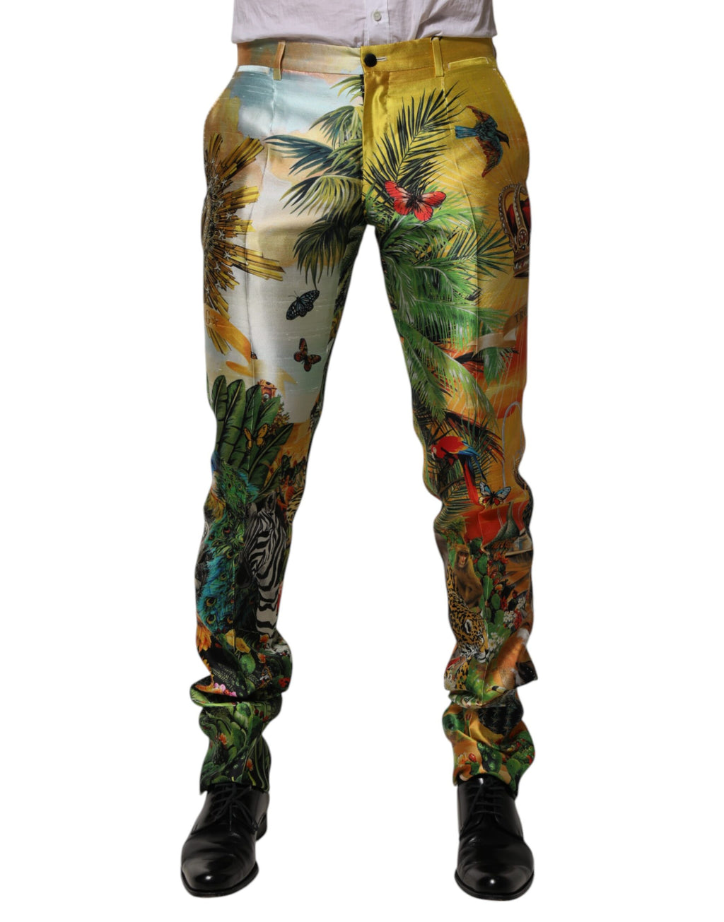 Dolce & Gabbana Multicolor Forest Print Silk Skinny Men Pants