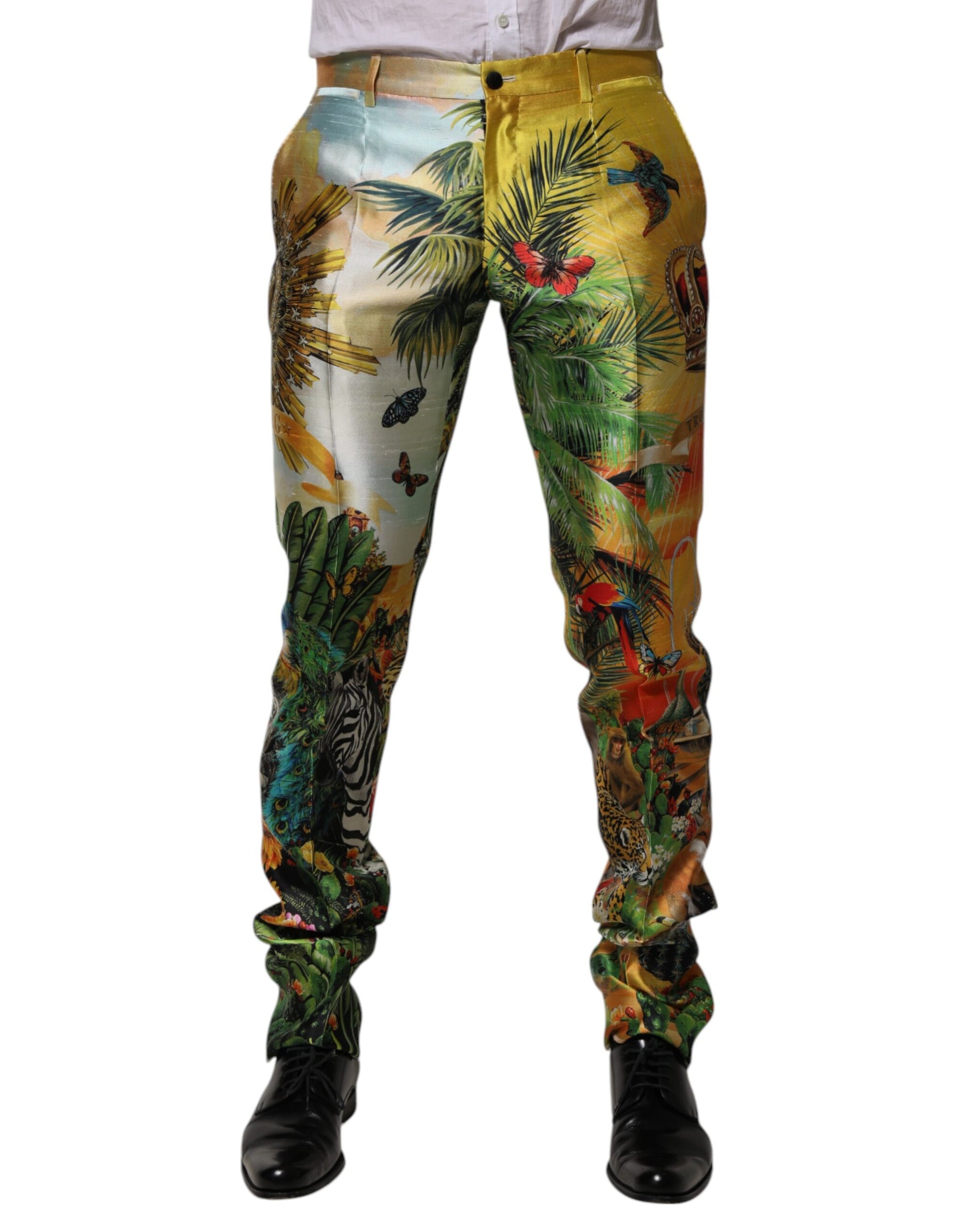 Dolce & Gabbana Multicolor Forest Print Silk Skinny Men Pants