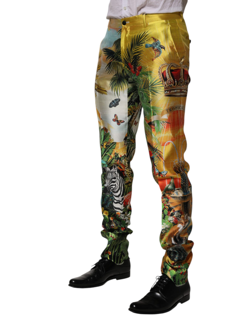 Dolce & Gabbana Multicolor Forest Print Silk Skinny Men Pants