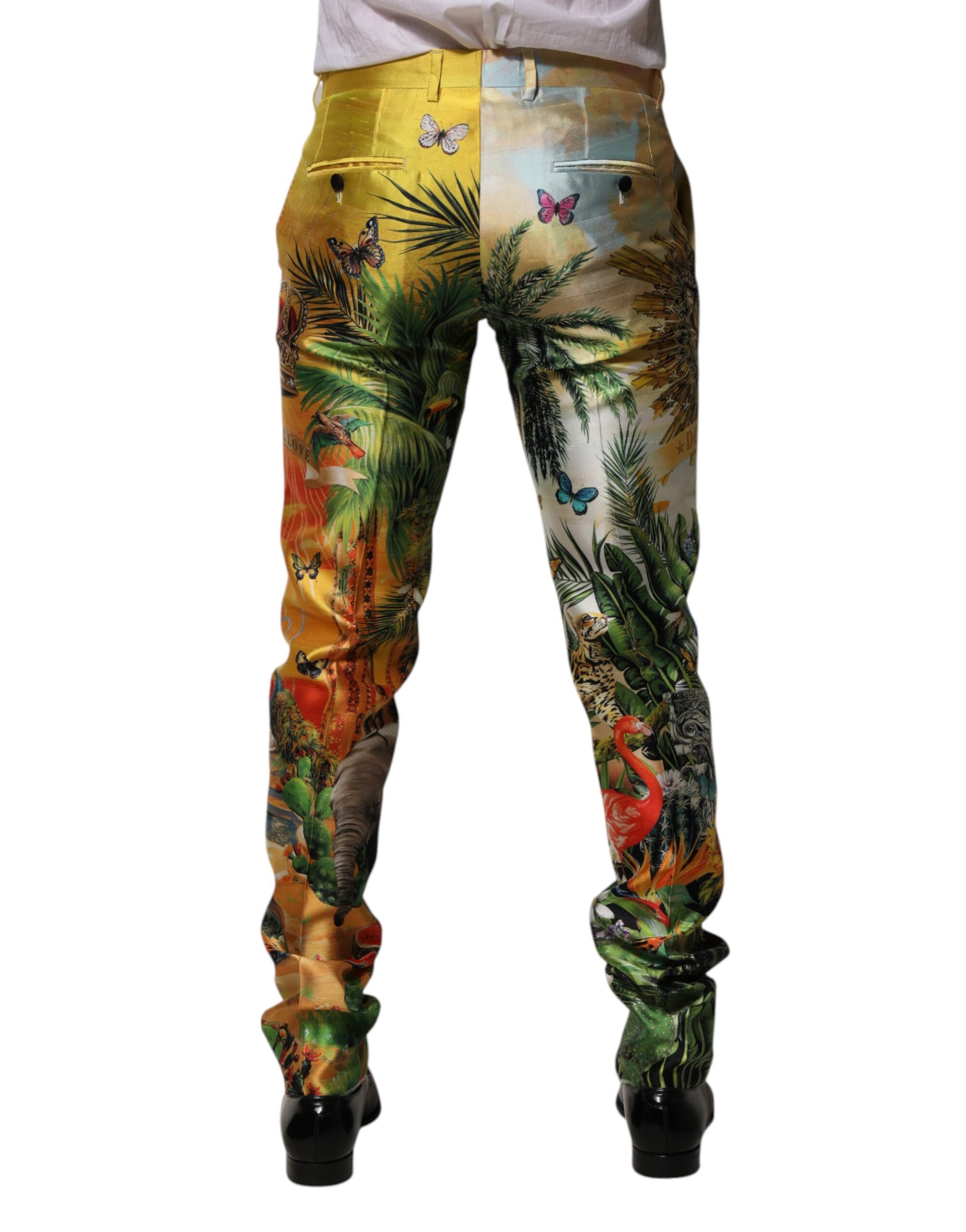 Dolce & Gabbana Multicolor Forest Print Silk Skinny Men Pants