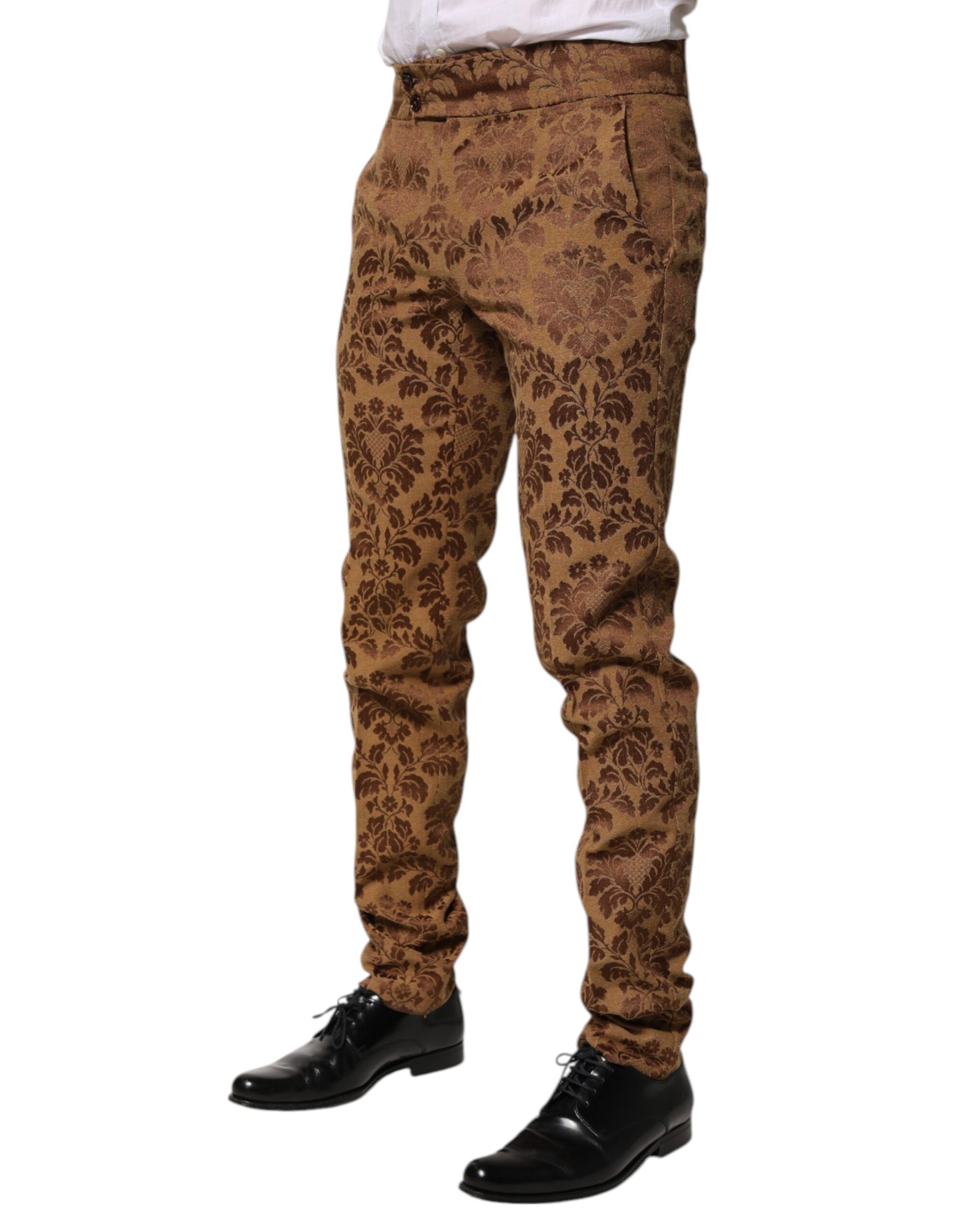 Dolce & Gabbana Brown Floral Jacquard Men Skinny Trouser Pants